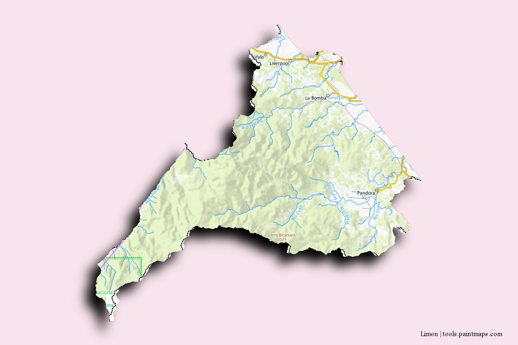 Mapa de barrios y pueblos de Limon con efecto de sombra 3D