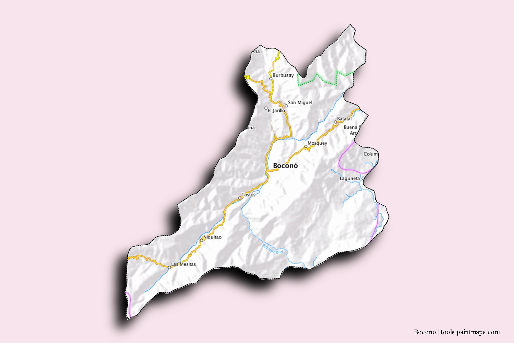 Mapa de barrios y pueblos de Bocono con efecto de sombra 3D