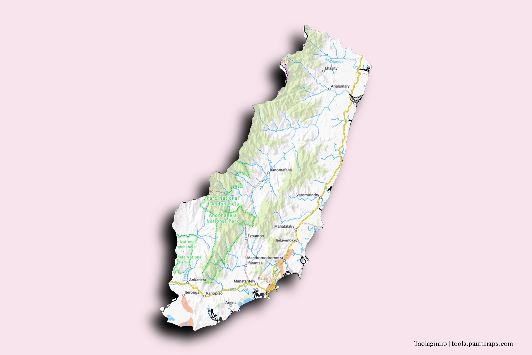 Tôlanaro neighborhoods and villages map with 3D shadow effect