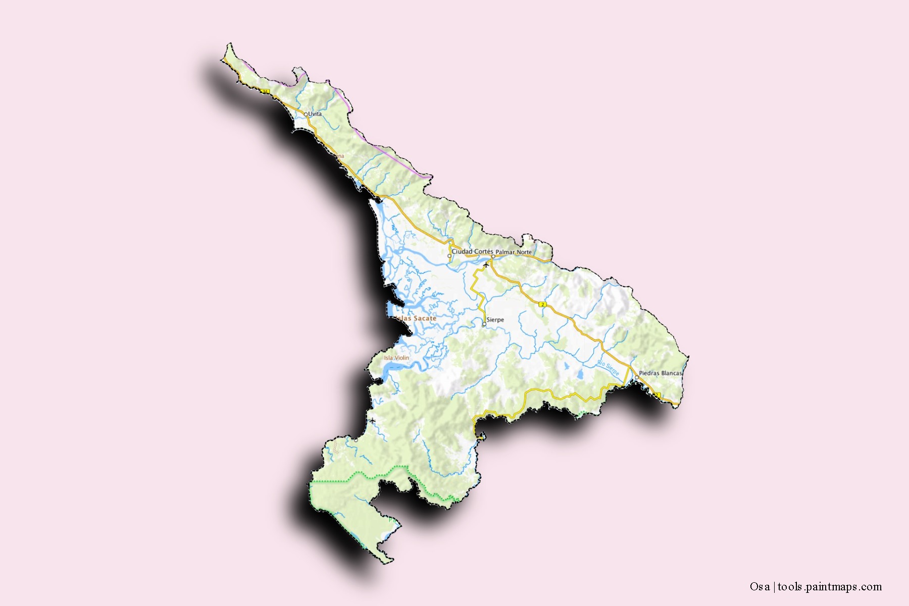 Mapa de barrios y pueblos de Osa con efecto de sombra 3D