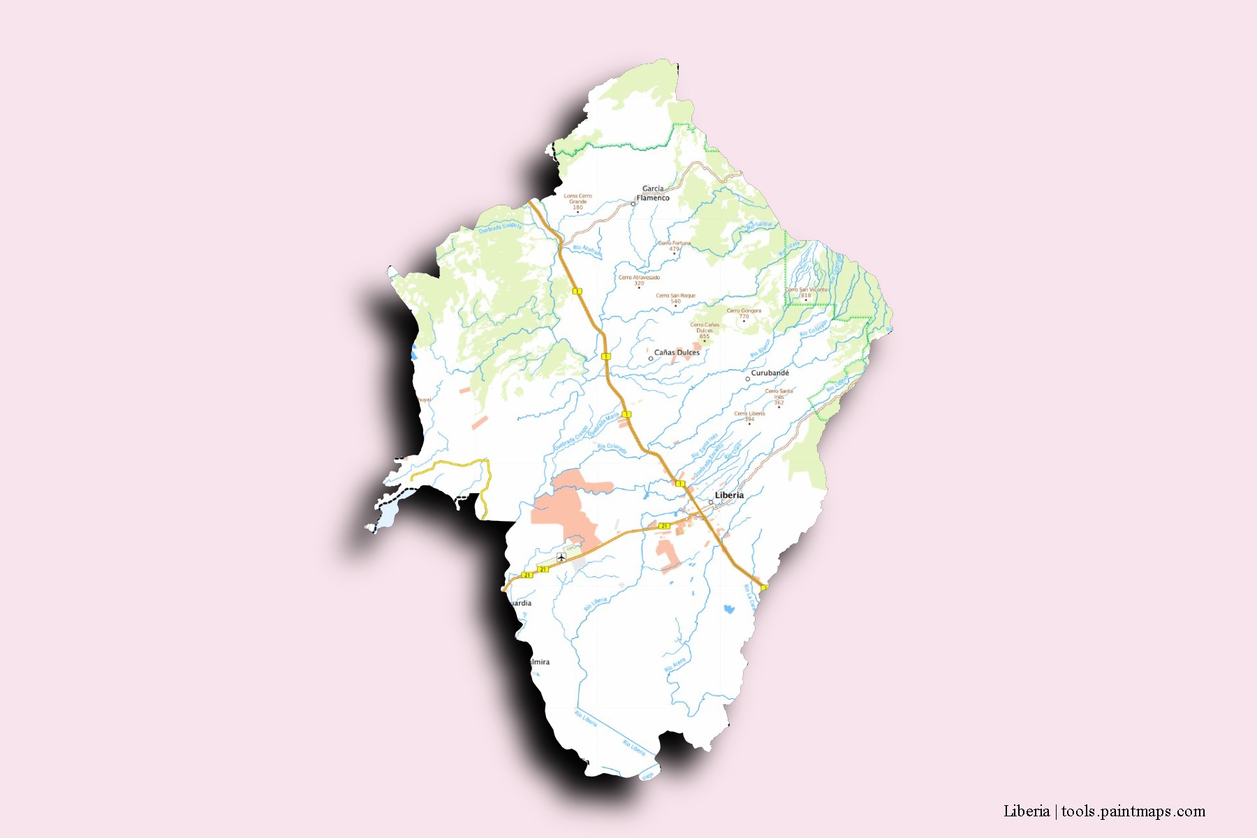 Mapa de barrios y pueblos de Liberia con efecto de sombra 3D