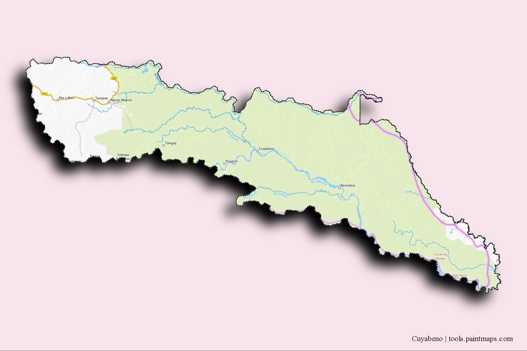 Mapa de barrios y pueblos de Cuyabeno con efecto de sombra 3D