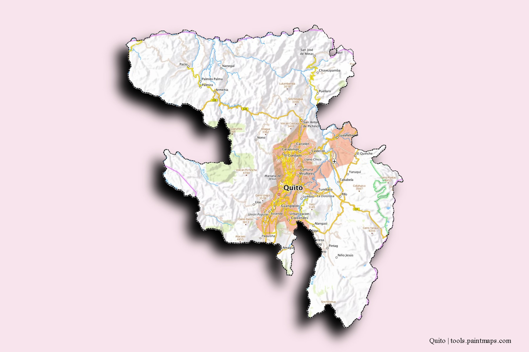 Mapa de barrios y pueblos de Quito con efecto de sombra 3D