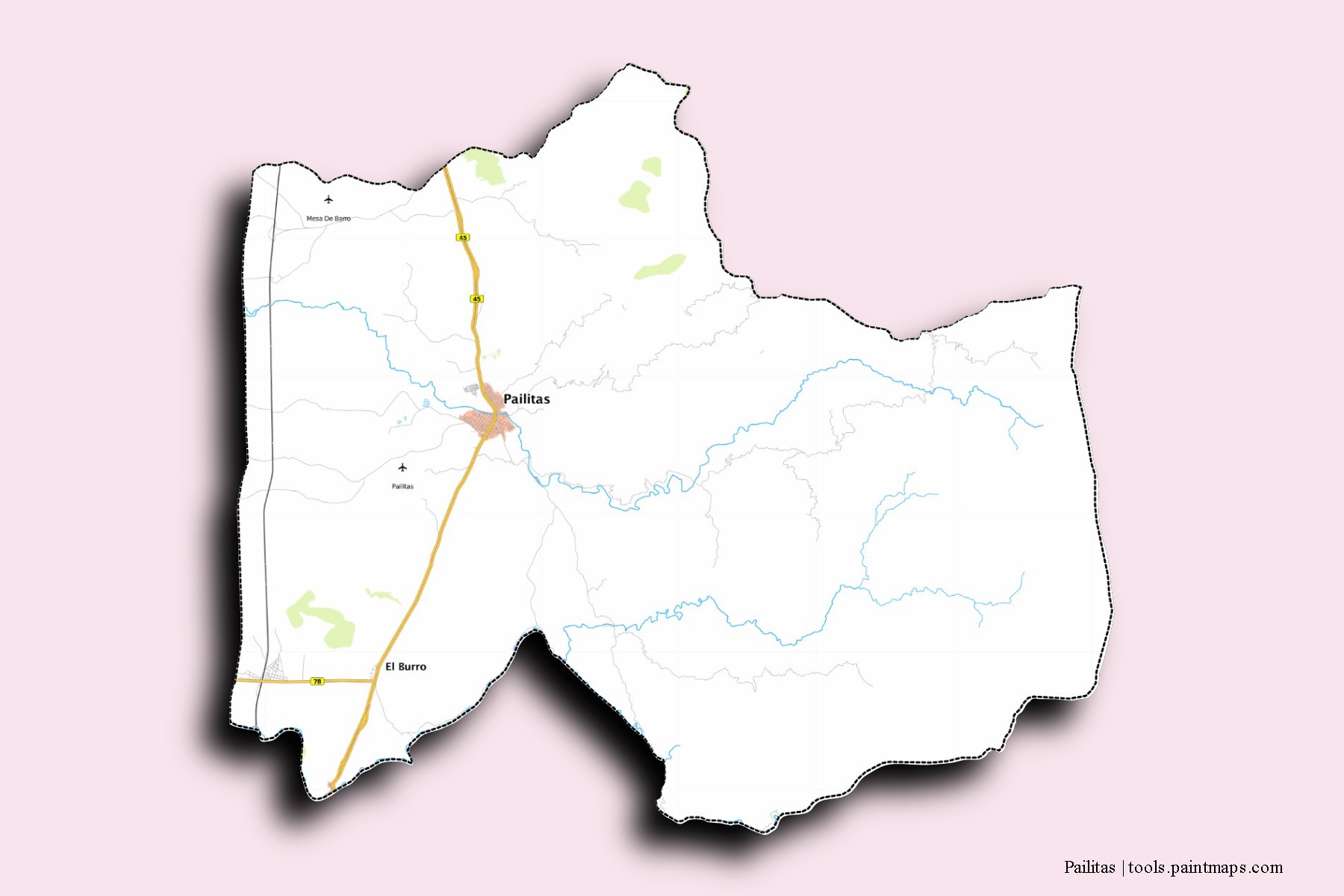 Pailitas neighborhoods and villages map with 3D shadow effect