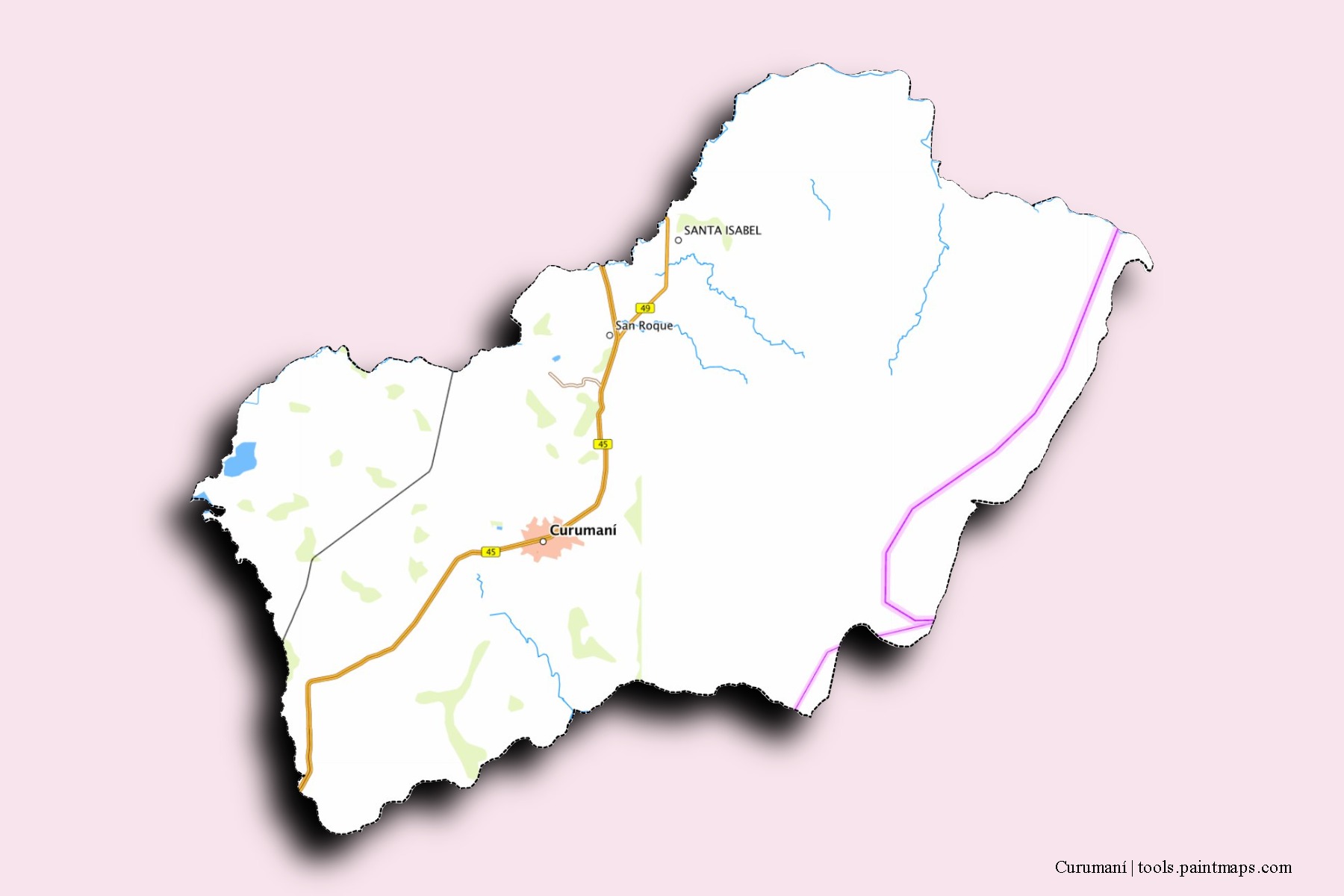 Curumaní neighborhoods and villages map with 3D shadow effect