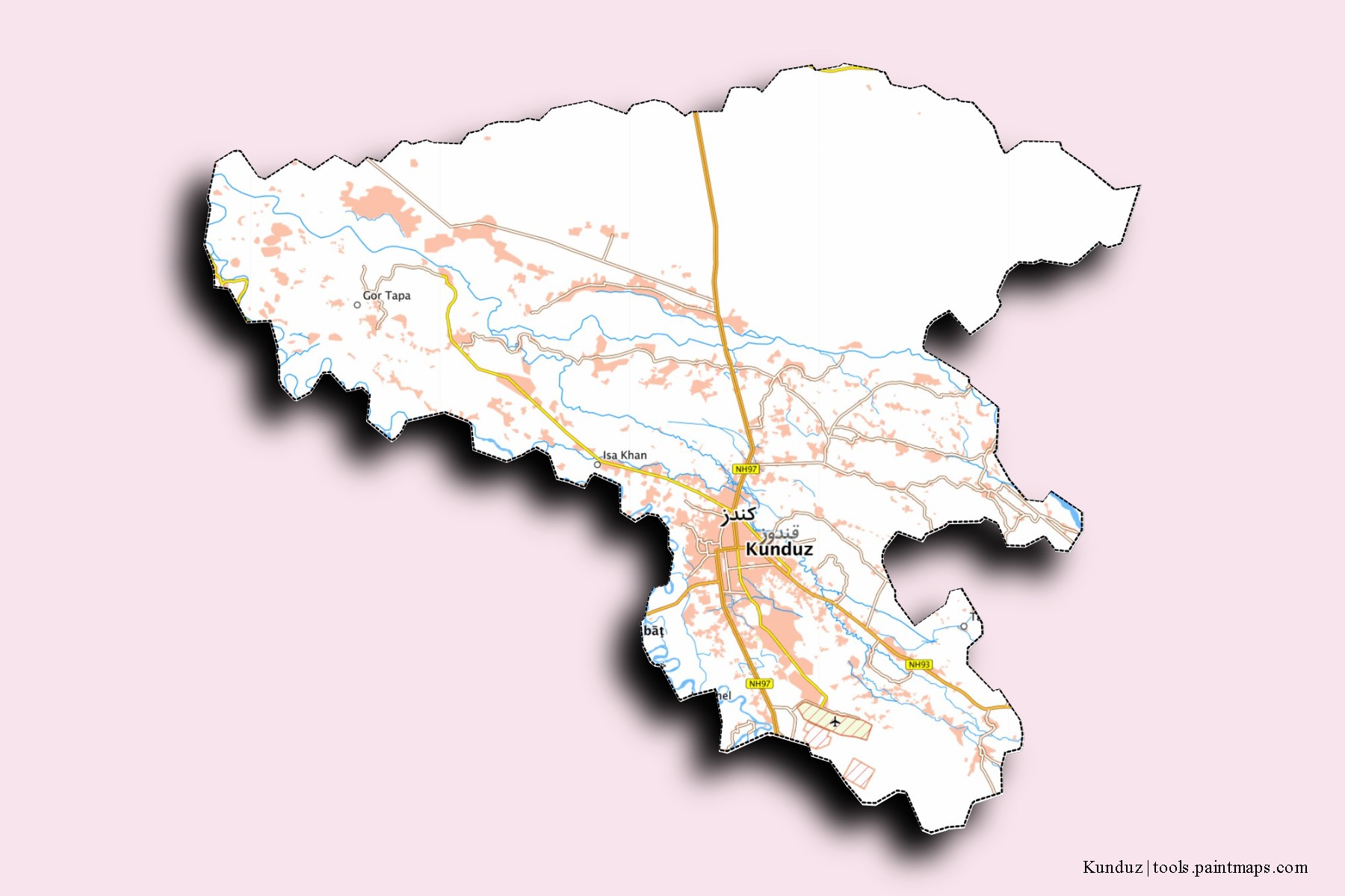 Kunduz neighborhoods and villages map with 3D shadow effect