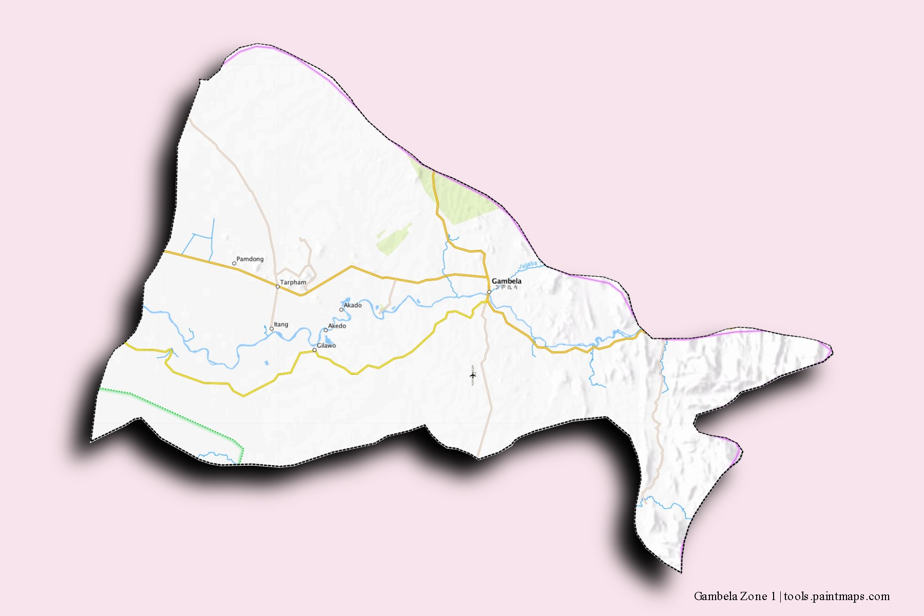 Mapa de barrios y pueblos de Gambela Zone 1 con efecto de sombra 3D