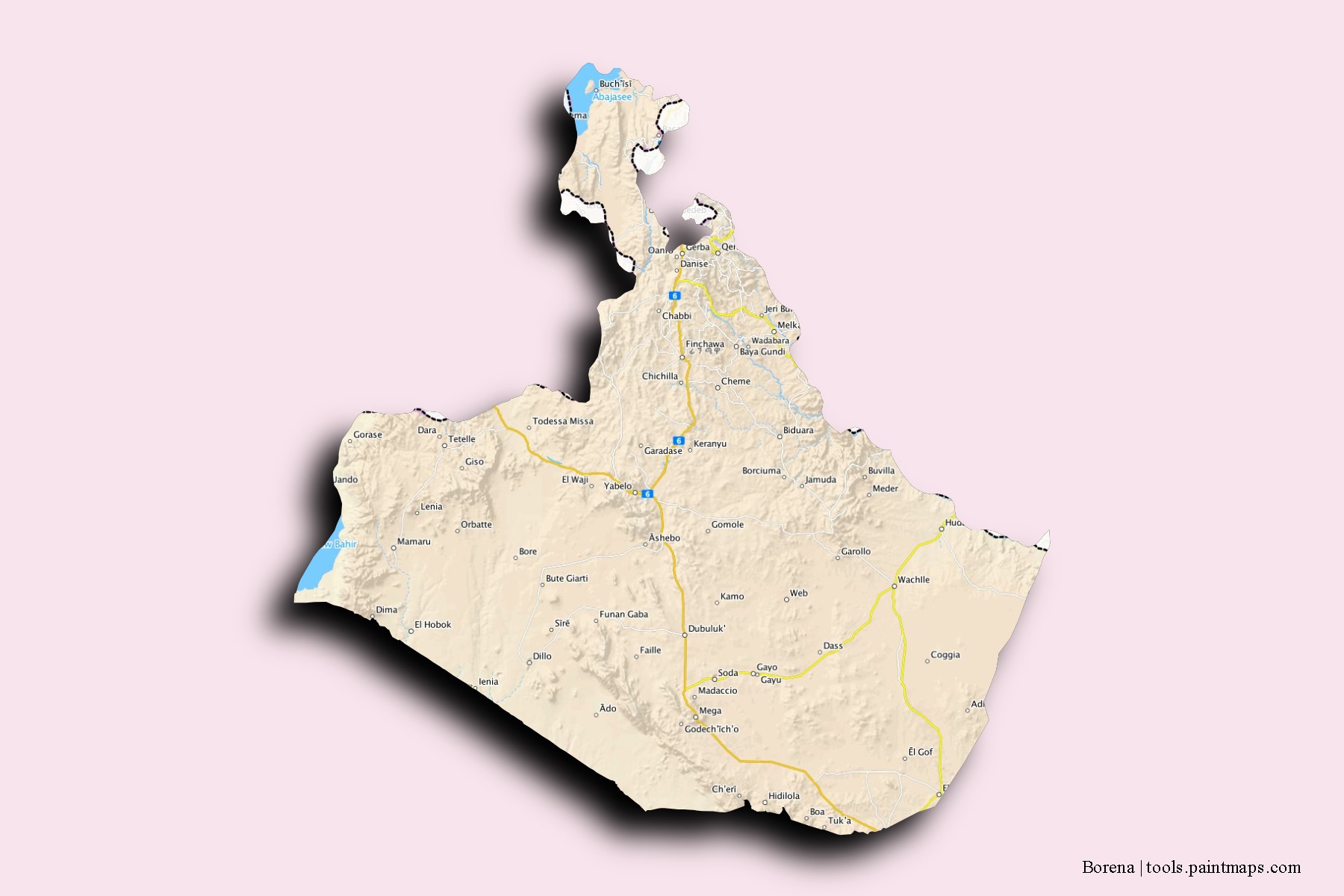 Mapa de barrios y pueblos de Borena con efecto de sombra 3D