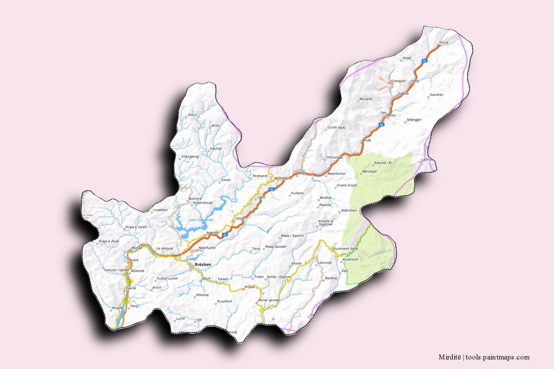 Mirditë neighborhoods and villages map with 3D shadow effect