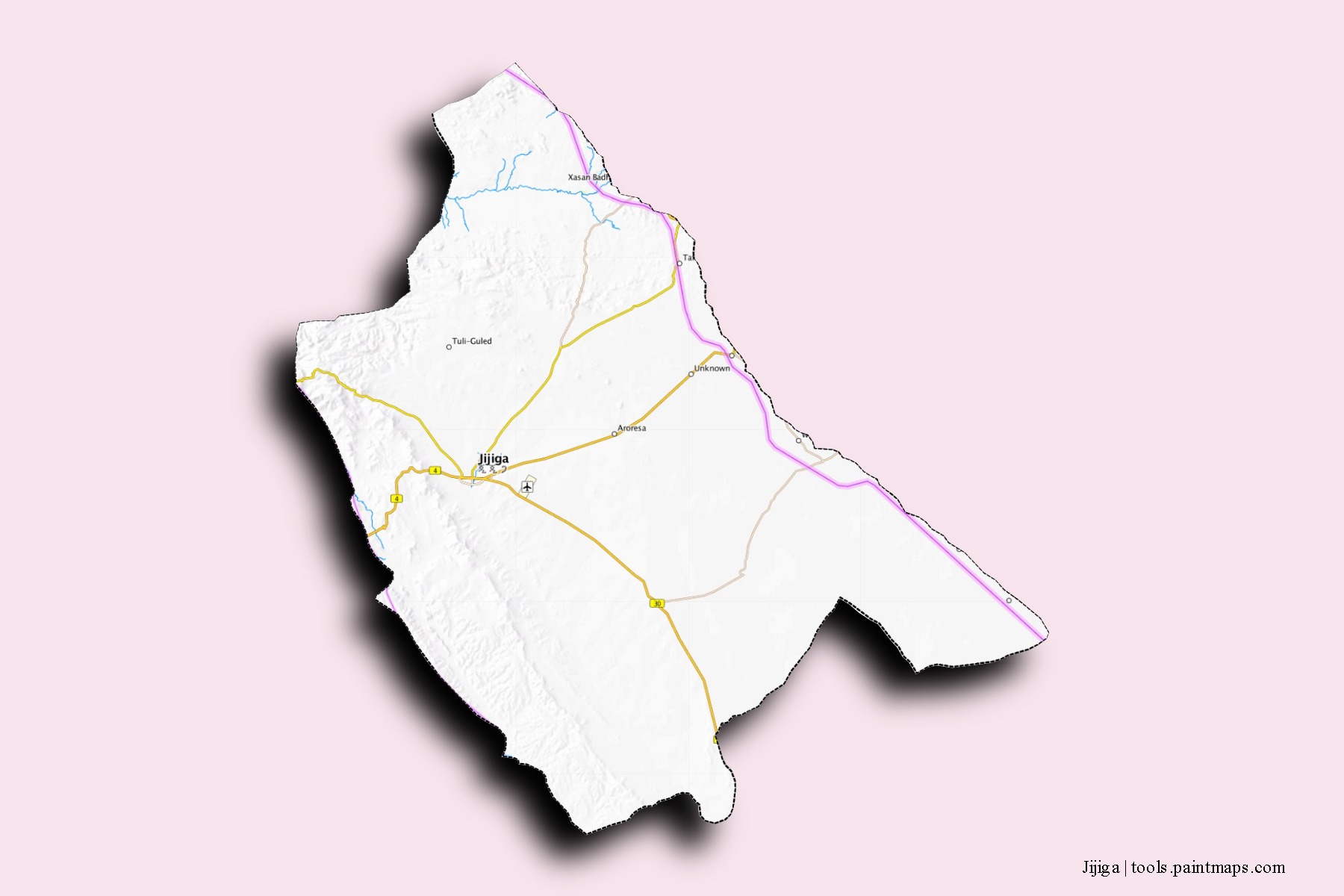 Mapa de barrios y pueblos de Jijiga con efecto de sombra 3D