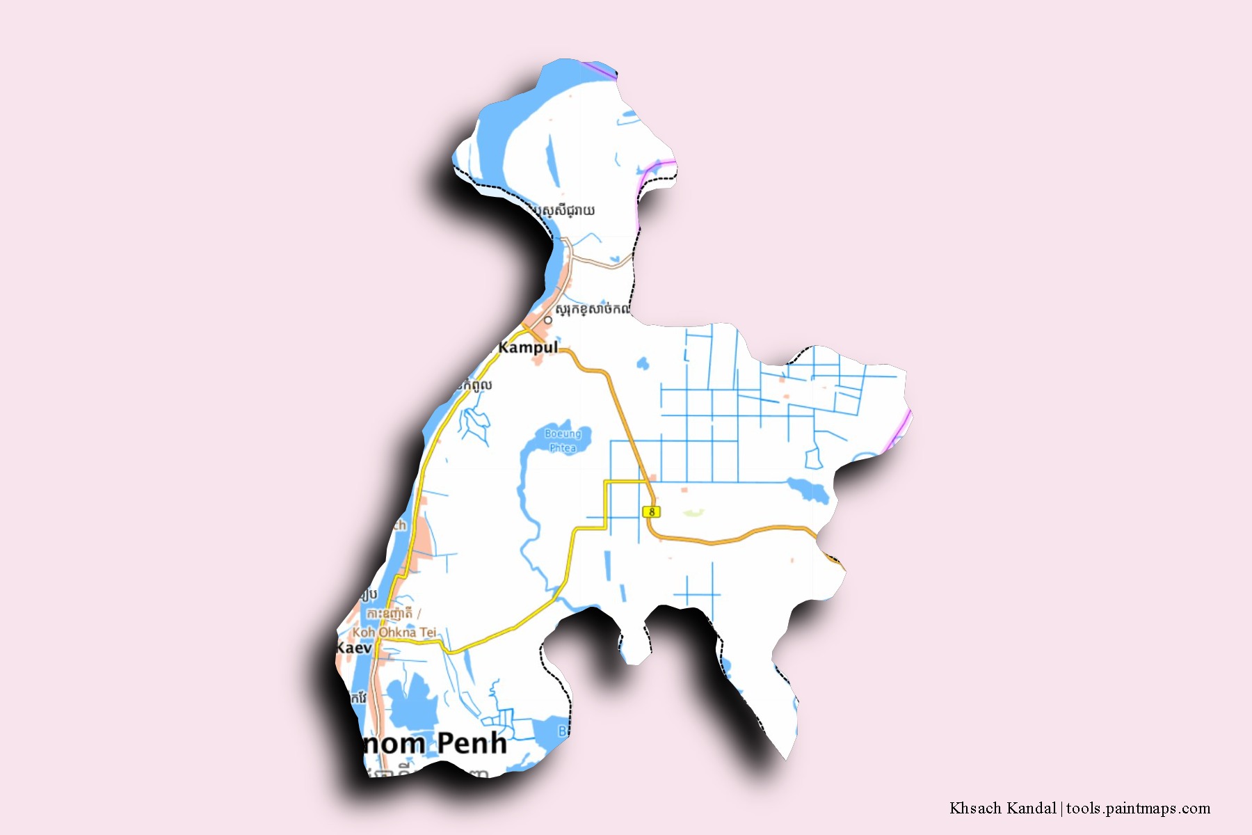 Khsach Kandal neighborhoods and villages map with 3D shadow effect