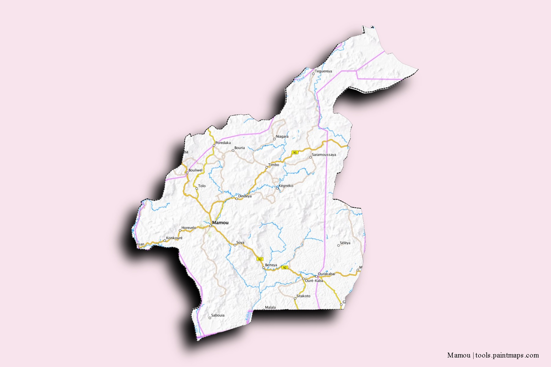 Mapa de barrios y pueblos de Mamou con efecto de sombra 3D