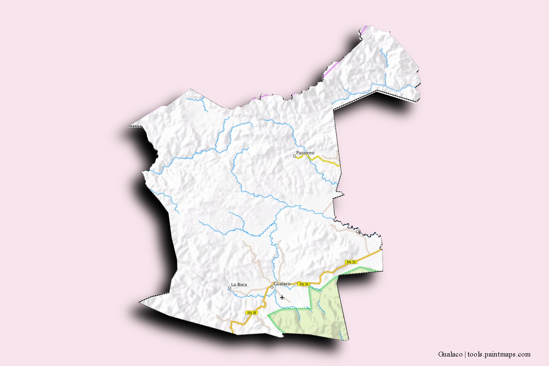 Mapa de barrios y pueblos de Gualaco con efecto de sombra 3D