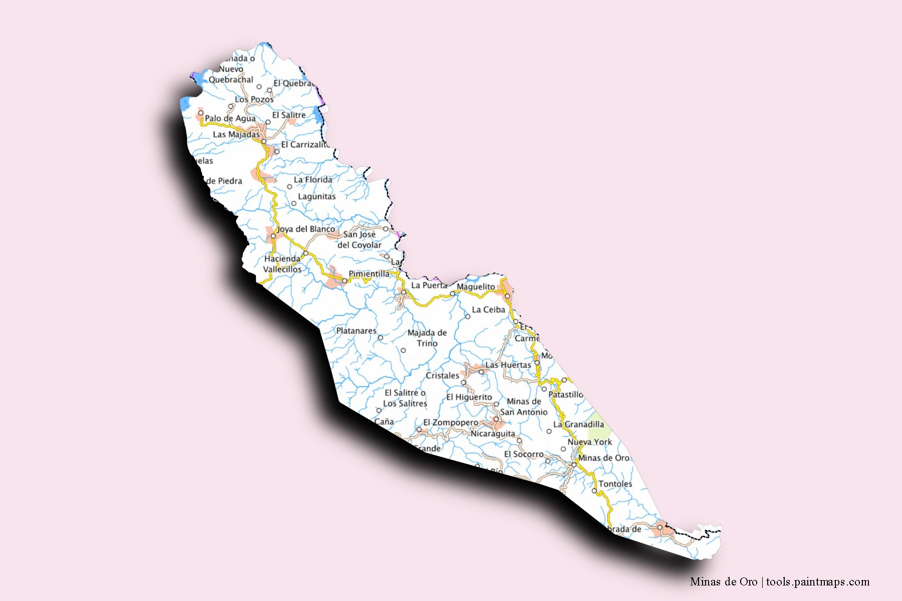 Mapa de barrios y pueblos de Minas de Oro con efecto de sombra 3D