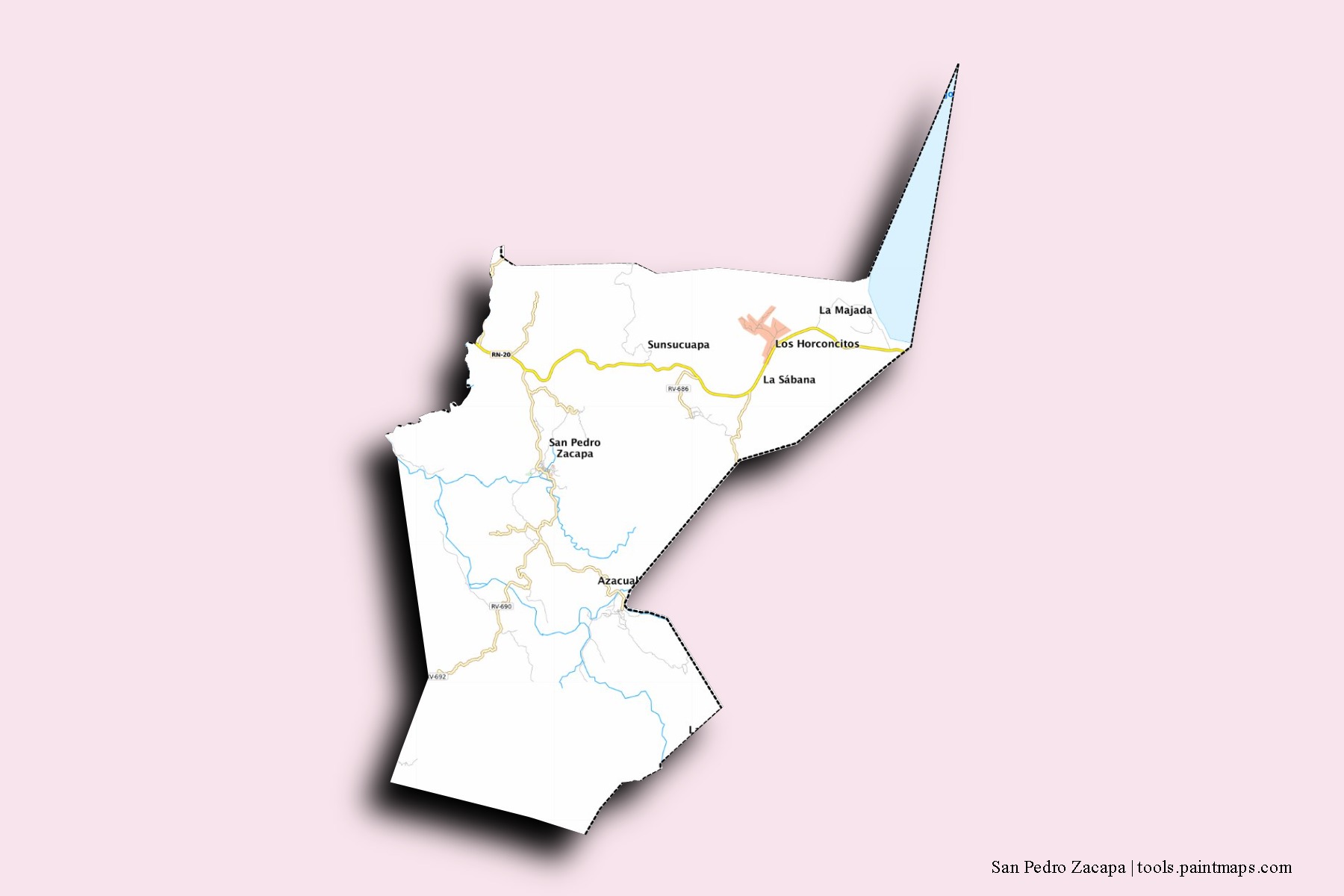 Mapa de barrios y pueblos de San Pedro Zacapa con efecto de sombra 3D