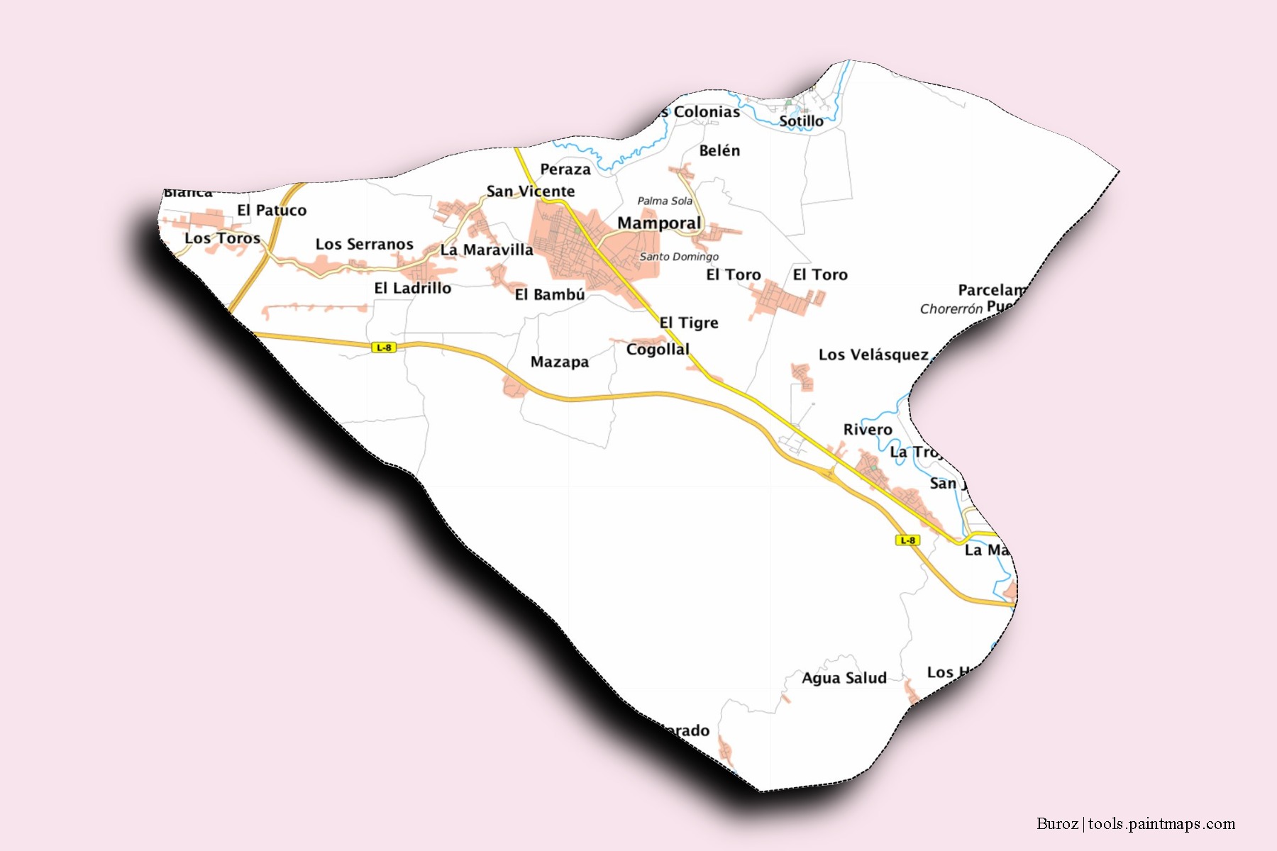 Mapa de barrios y pueblos de Buroz con efecto de sombra 3D