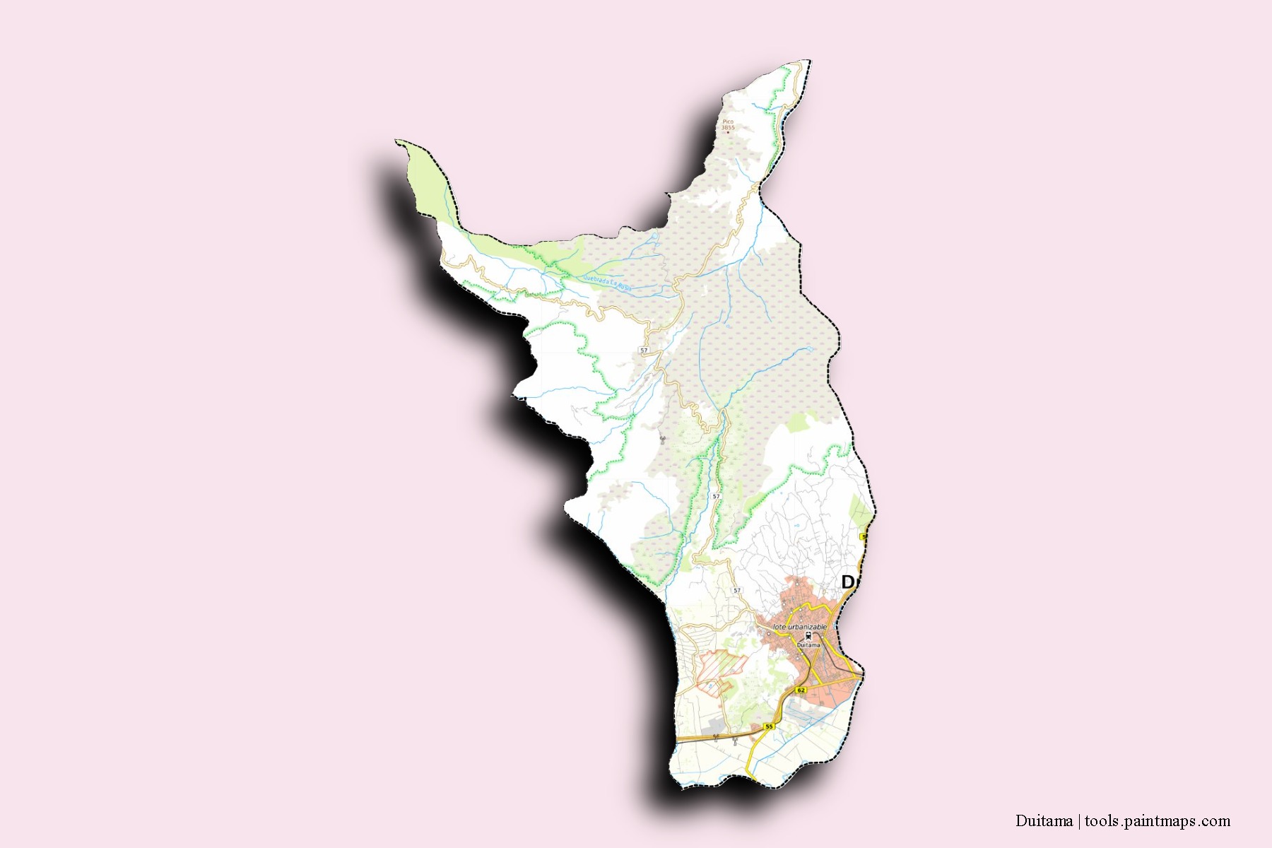 Mapa de barrios y pueblos de Duitama con efecto de sombra 3D