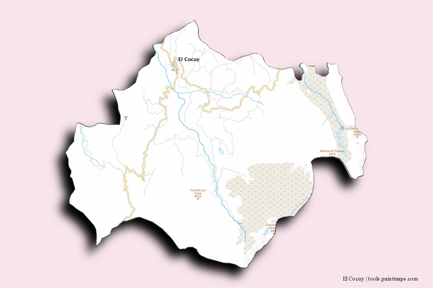 Mapa de barrios y pueblos de El Cocuy con efecto de sombra 3D