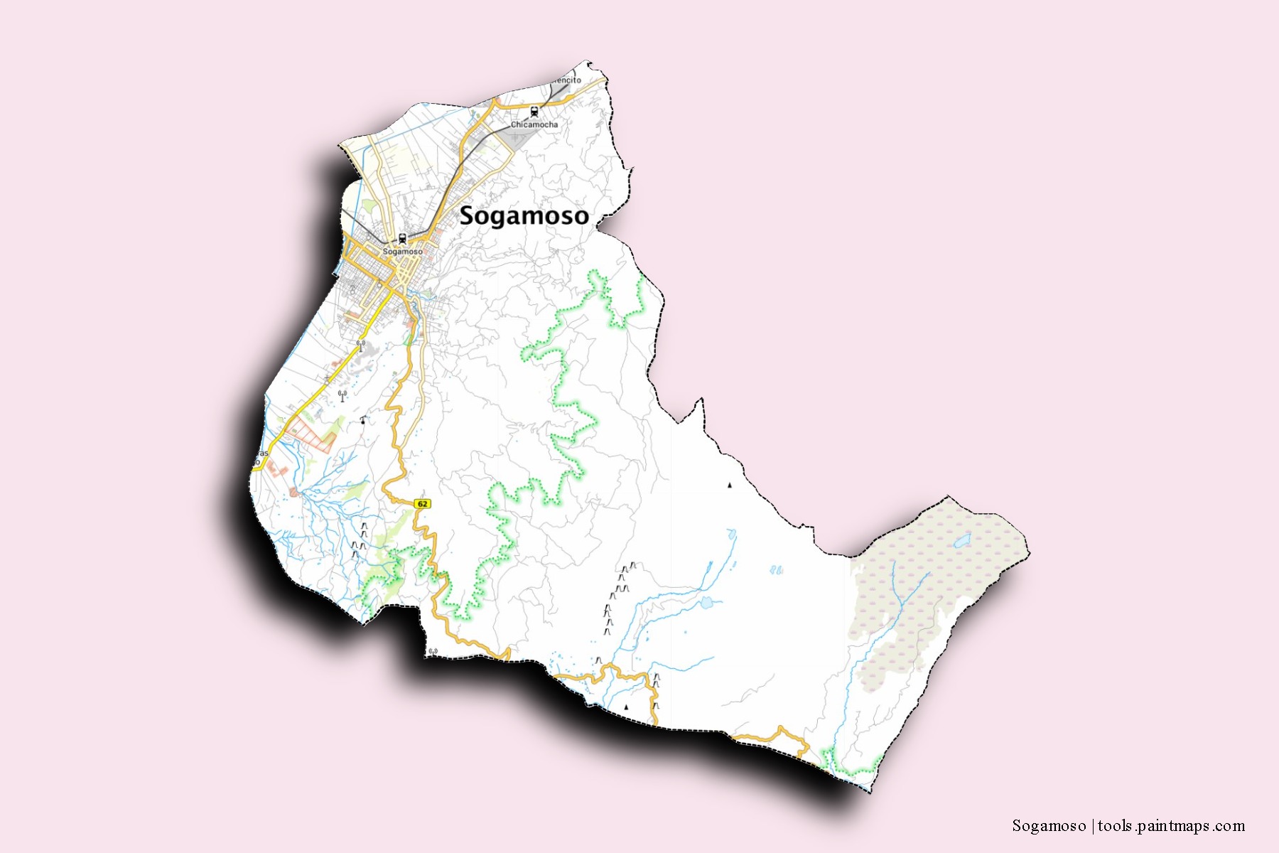 Sogamoso neighborhoods and villages map with 3D shadow effect