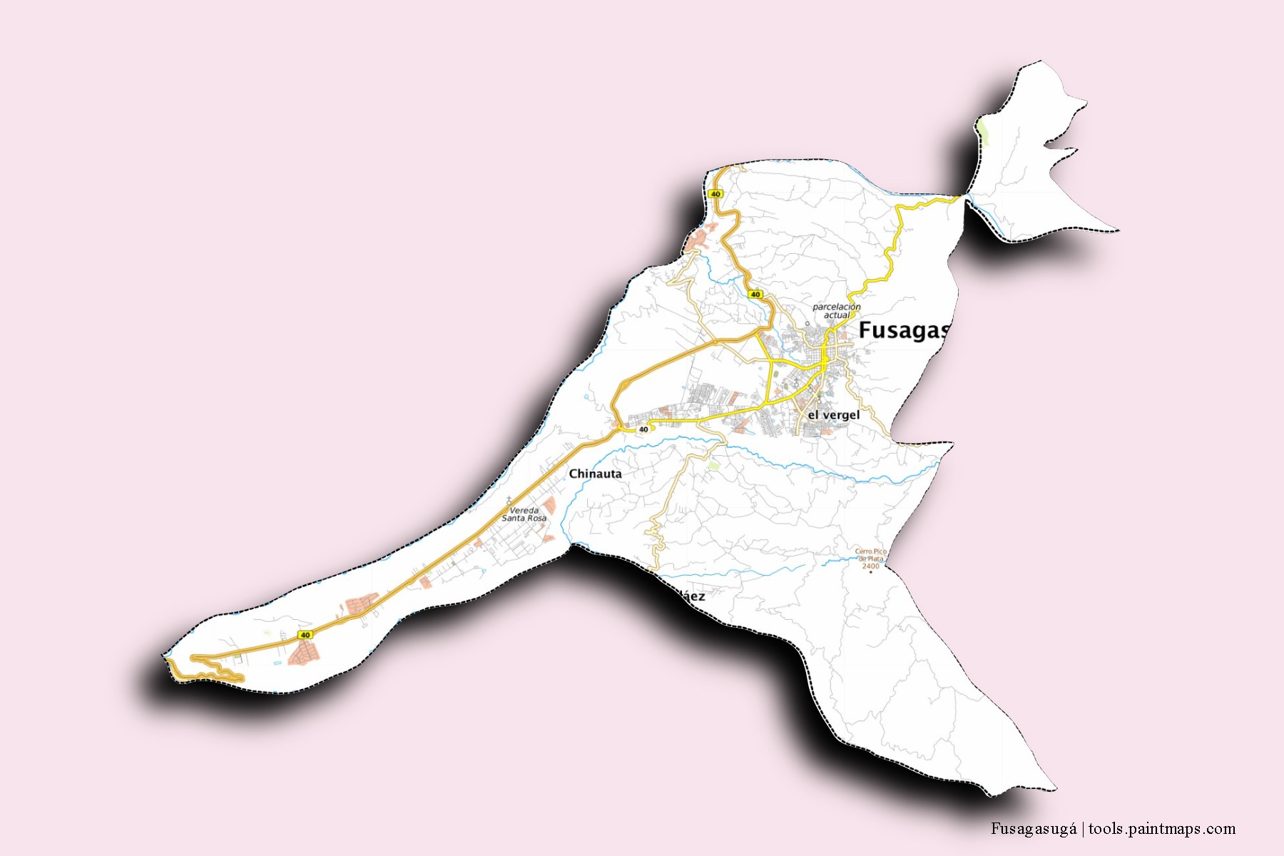 Mapa de barrios y pueblos de Fusagasugá con efecto de sombra 3D