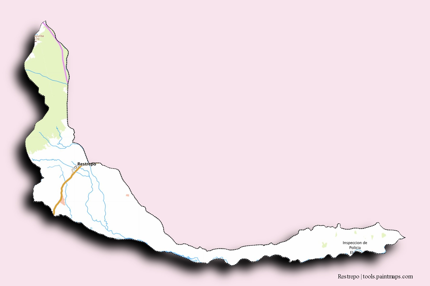 Mapa de barrios y pueblos de Restrepo con efecto de sombra 3D