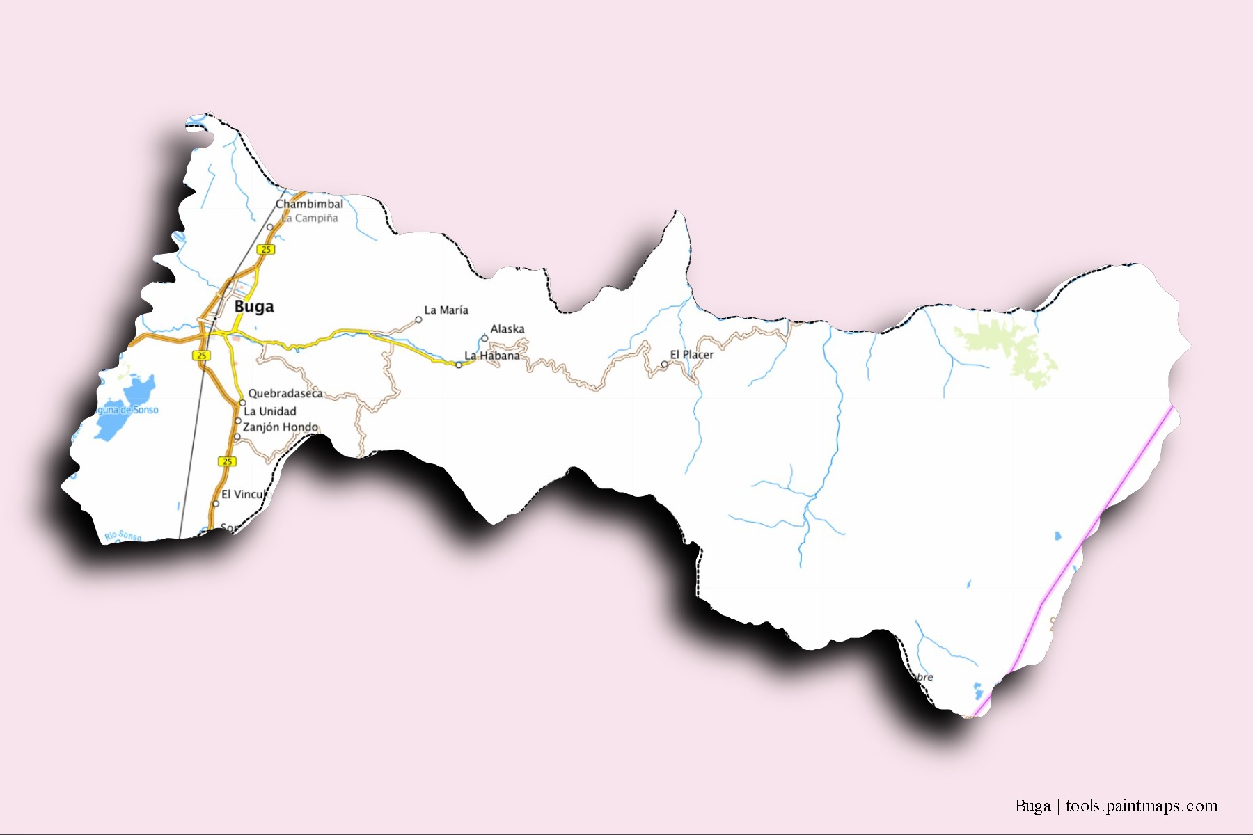 Mapa de barrios y pueblos de Buga con efecto de sombra 3D