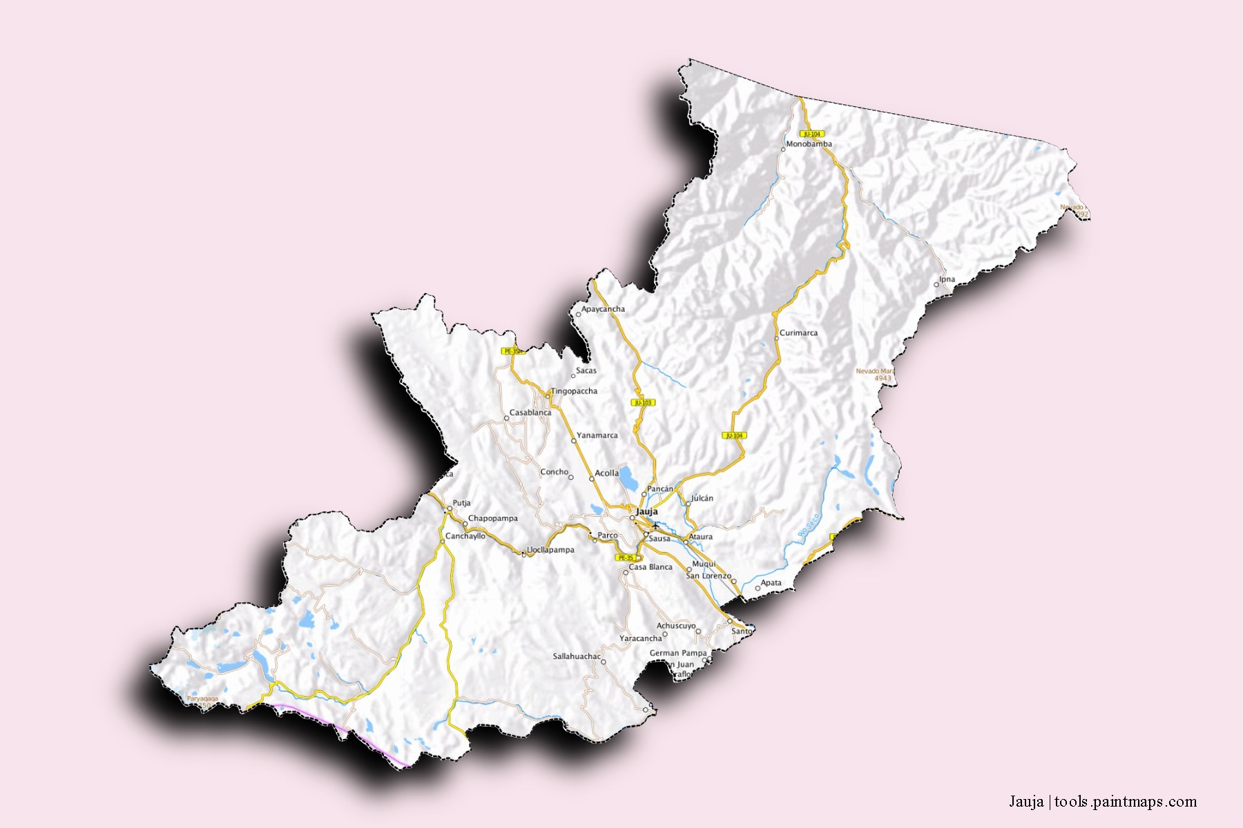 Mapa de barrios y pueblos de Jauja con efecto de sombra 3D