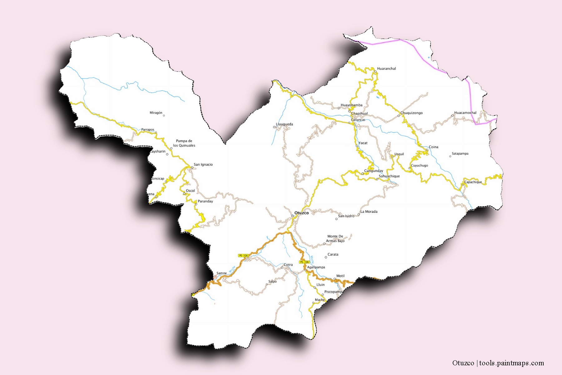 Otuzco neighborhoods and villages map with 3D shadow effect