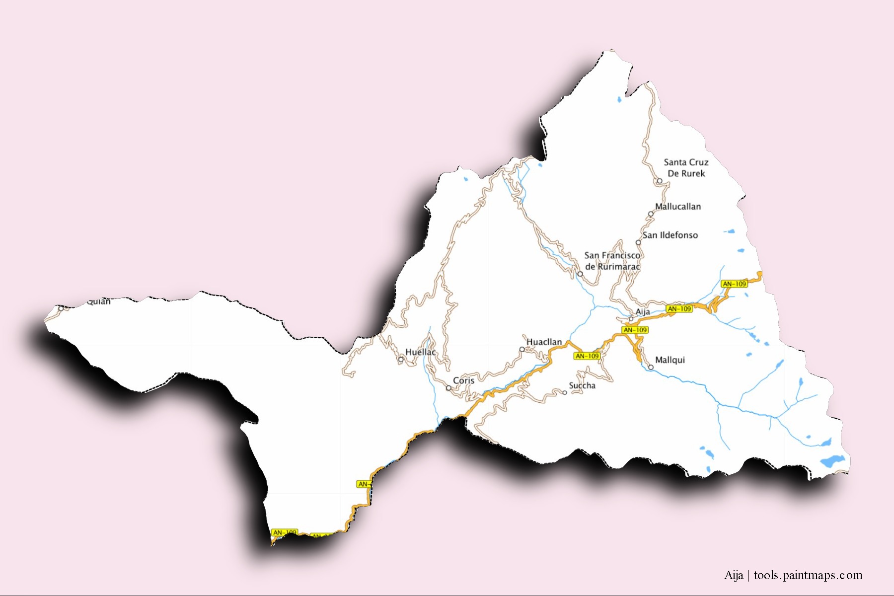 Mapa de barrios y pueblos de Aija con efecto de sombra 3D