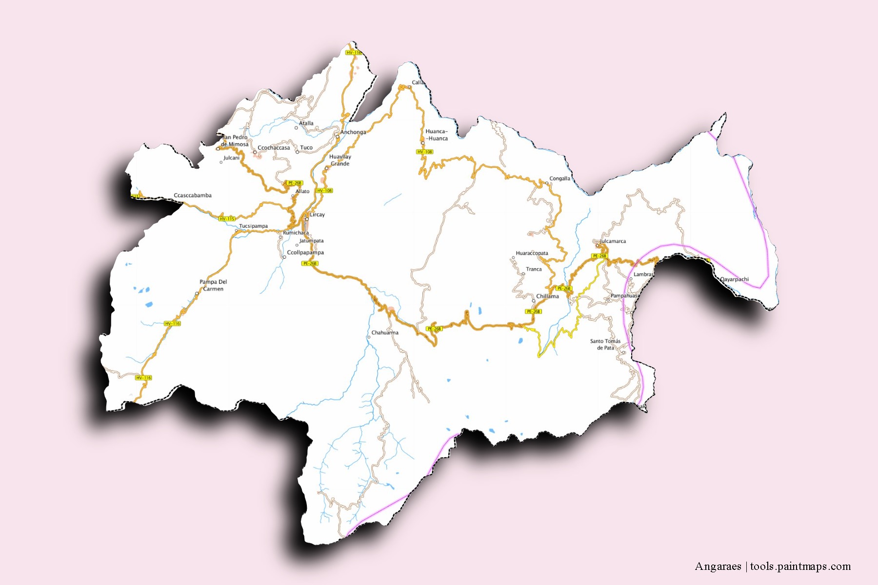 Mapa de barrios y pueblos de Angaraes con efecto de sombra 3D