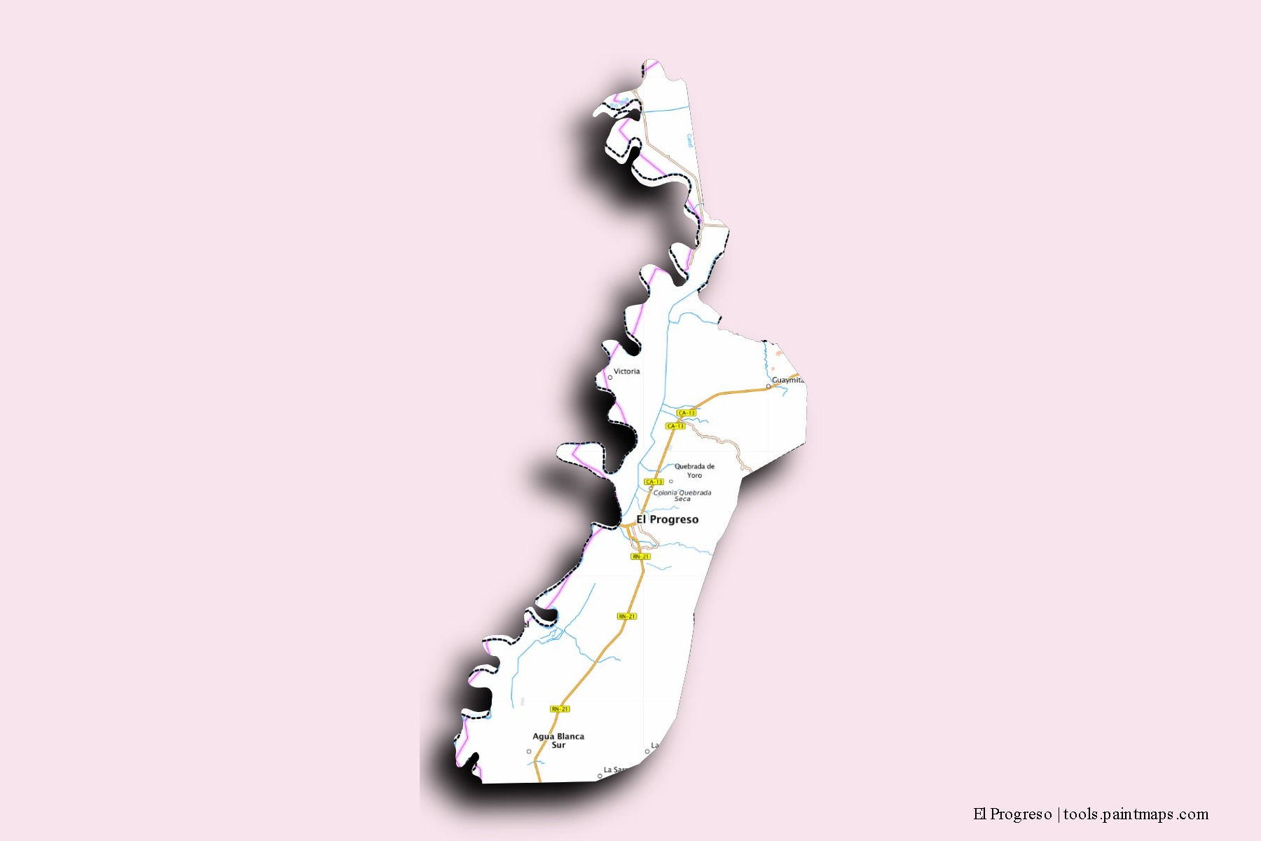 Mapa de barrios y pueblos de El Progreso con efecto de sombra 3D