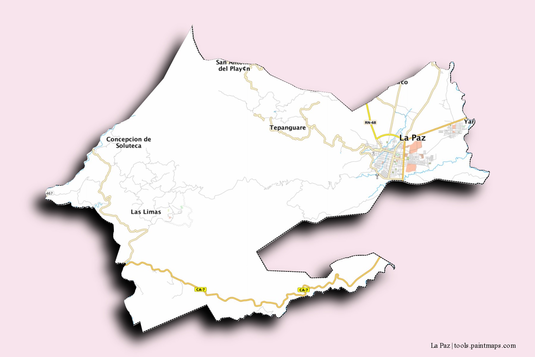 Mapa de barrios y pueblos de La Paz con efecto de sombra 3D