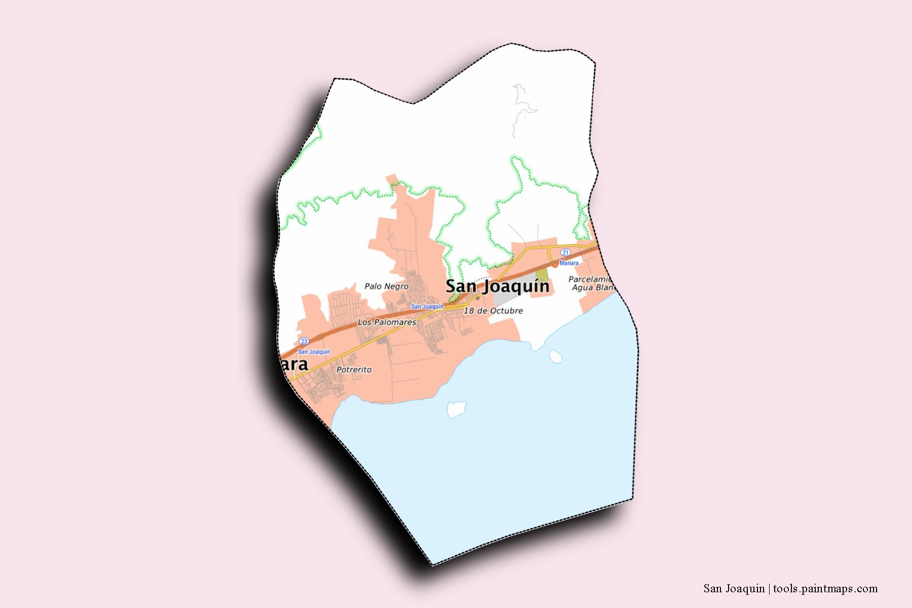 Mapa de barrios y pueblos de San Joaquin con efecto de sombra 3D