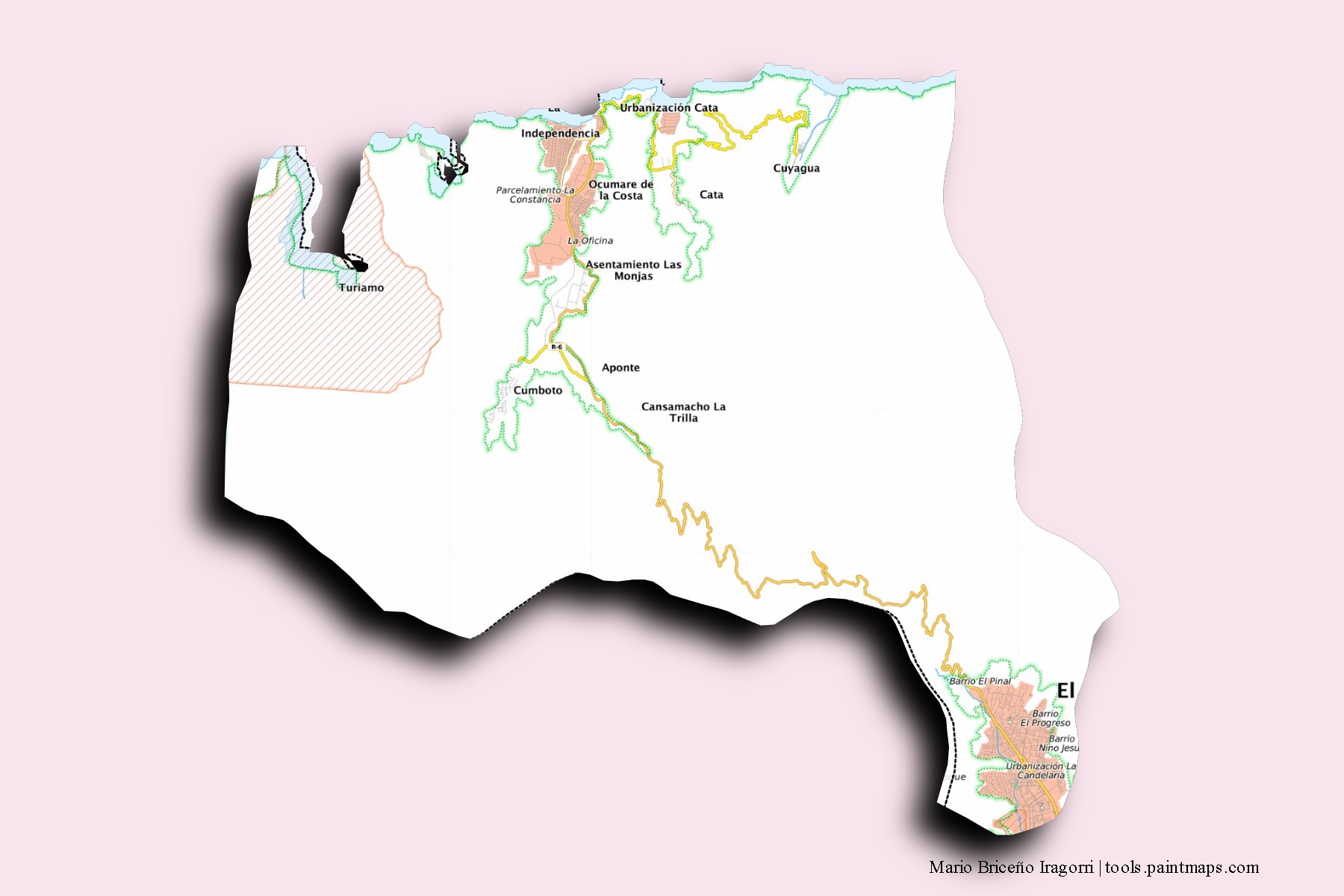 Mapa de barrios y pueblos de Mario Briceño Iragorri con efecto de sombra 3D