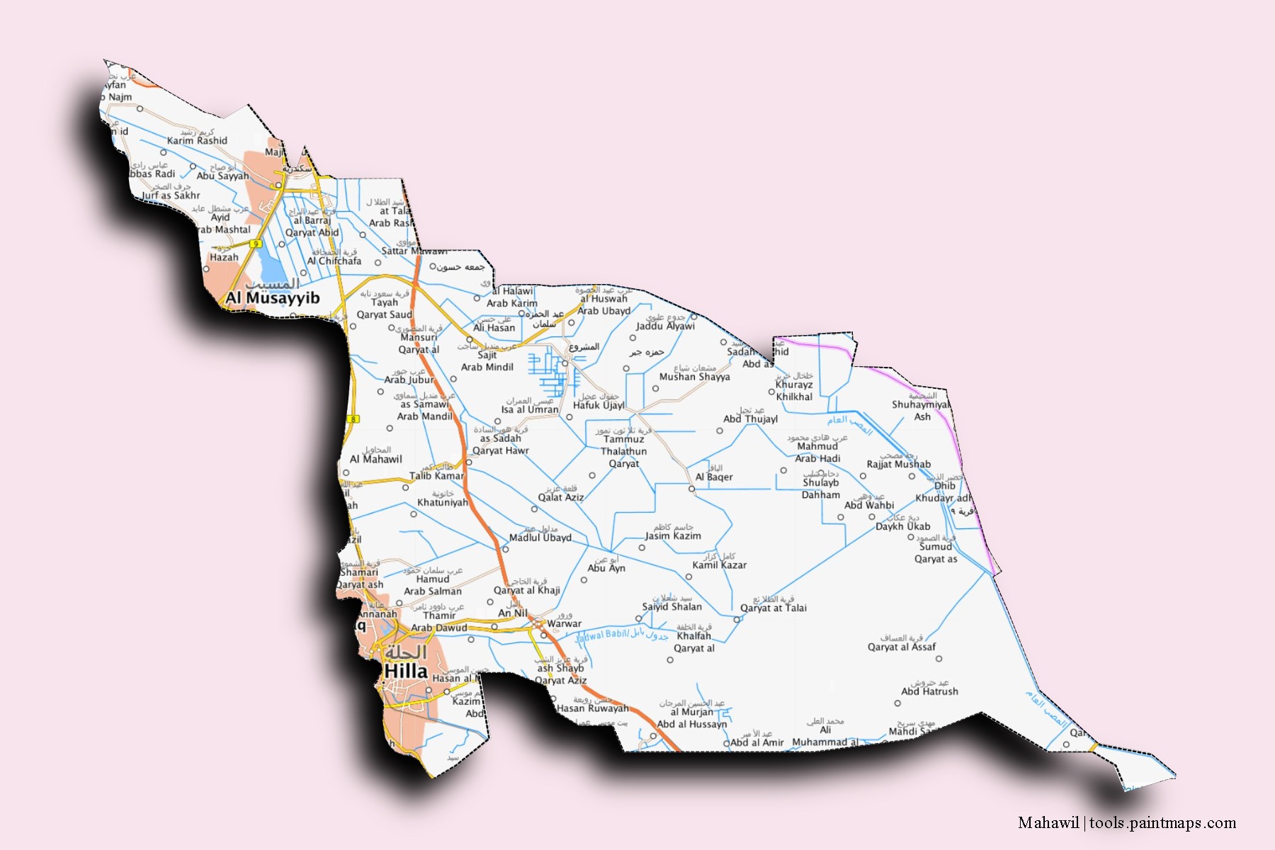 Al-Mahawil District neighborhoods and villages map with 3D shadow effect