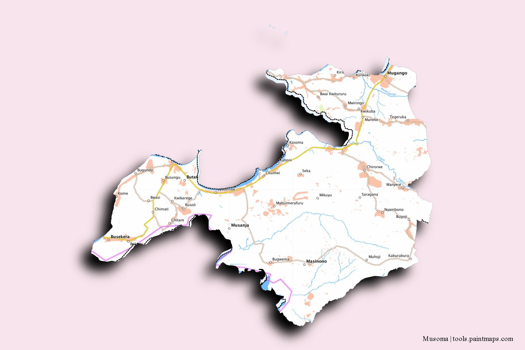 Musoma neighborhoods and villages map with 3D shadow effect