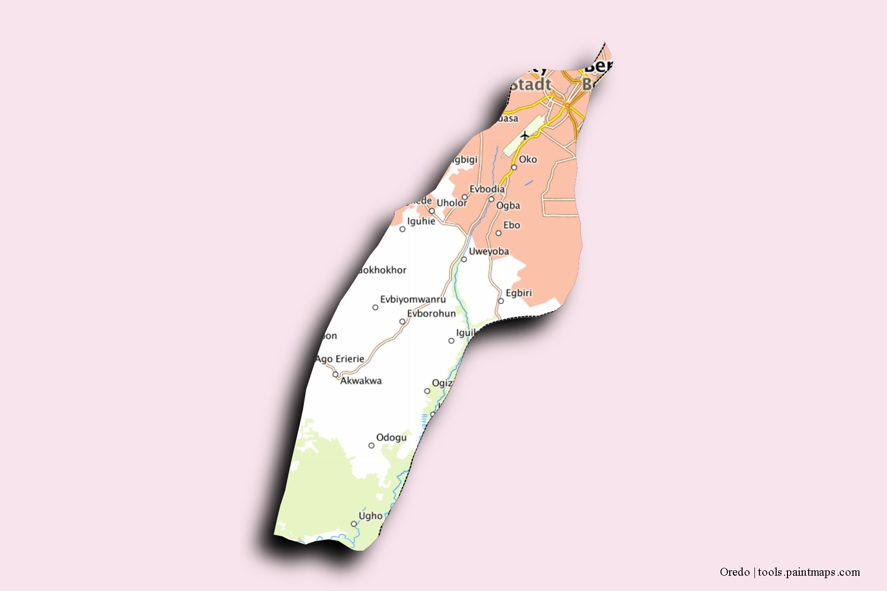 Oredo neighborhoods and villages map with 3D shadow effect