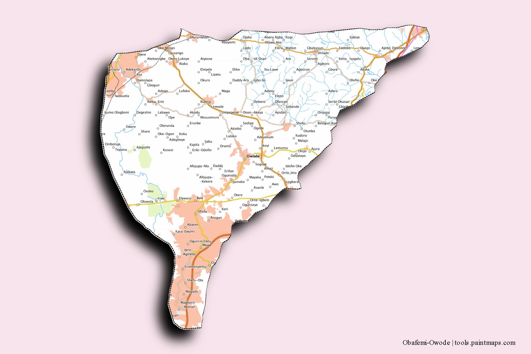 Obafemi-Owode neighborhoods and villages map with 3D shadow effect