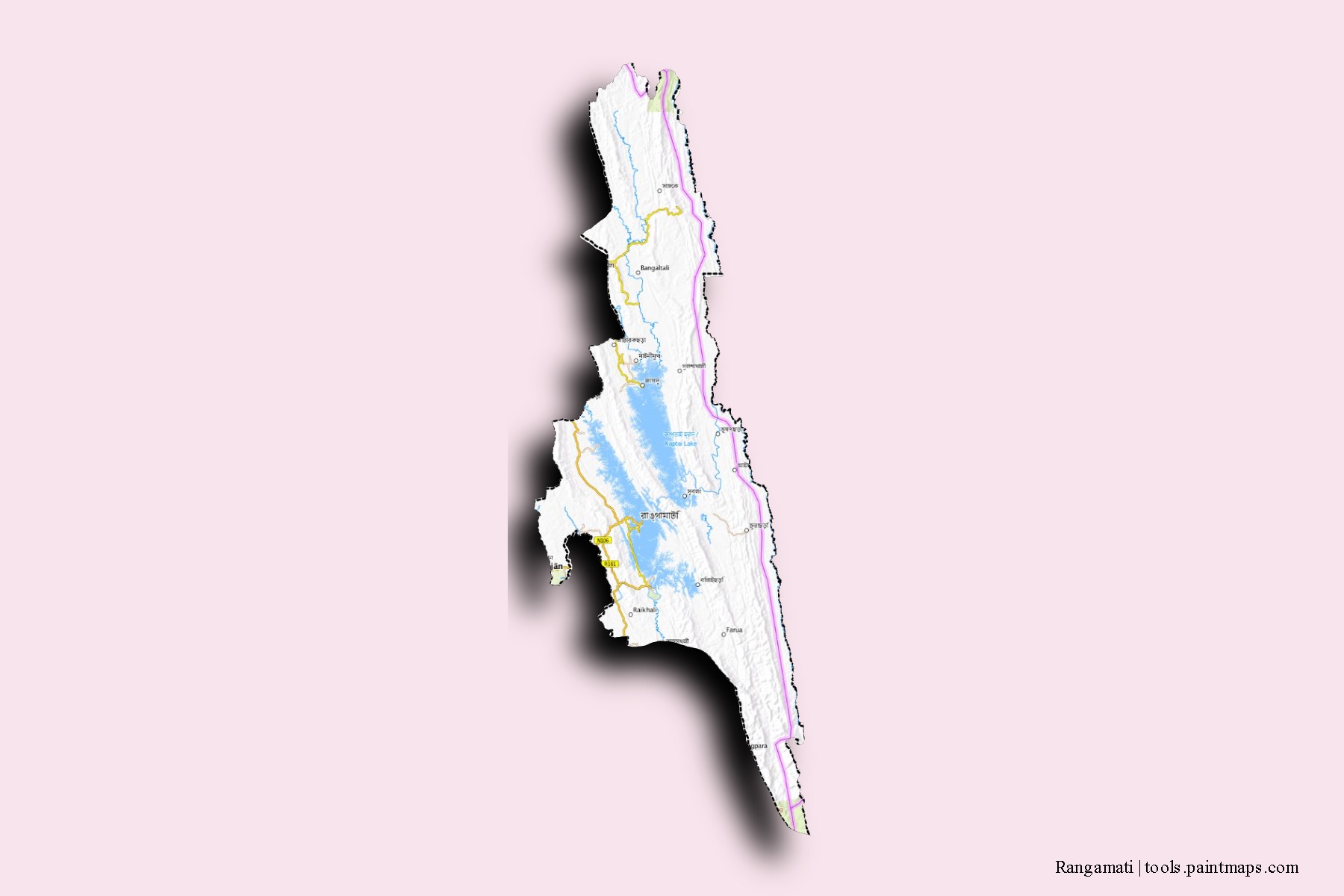 Rangamati neighborhoods and villages map with 3D shadow effect