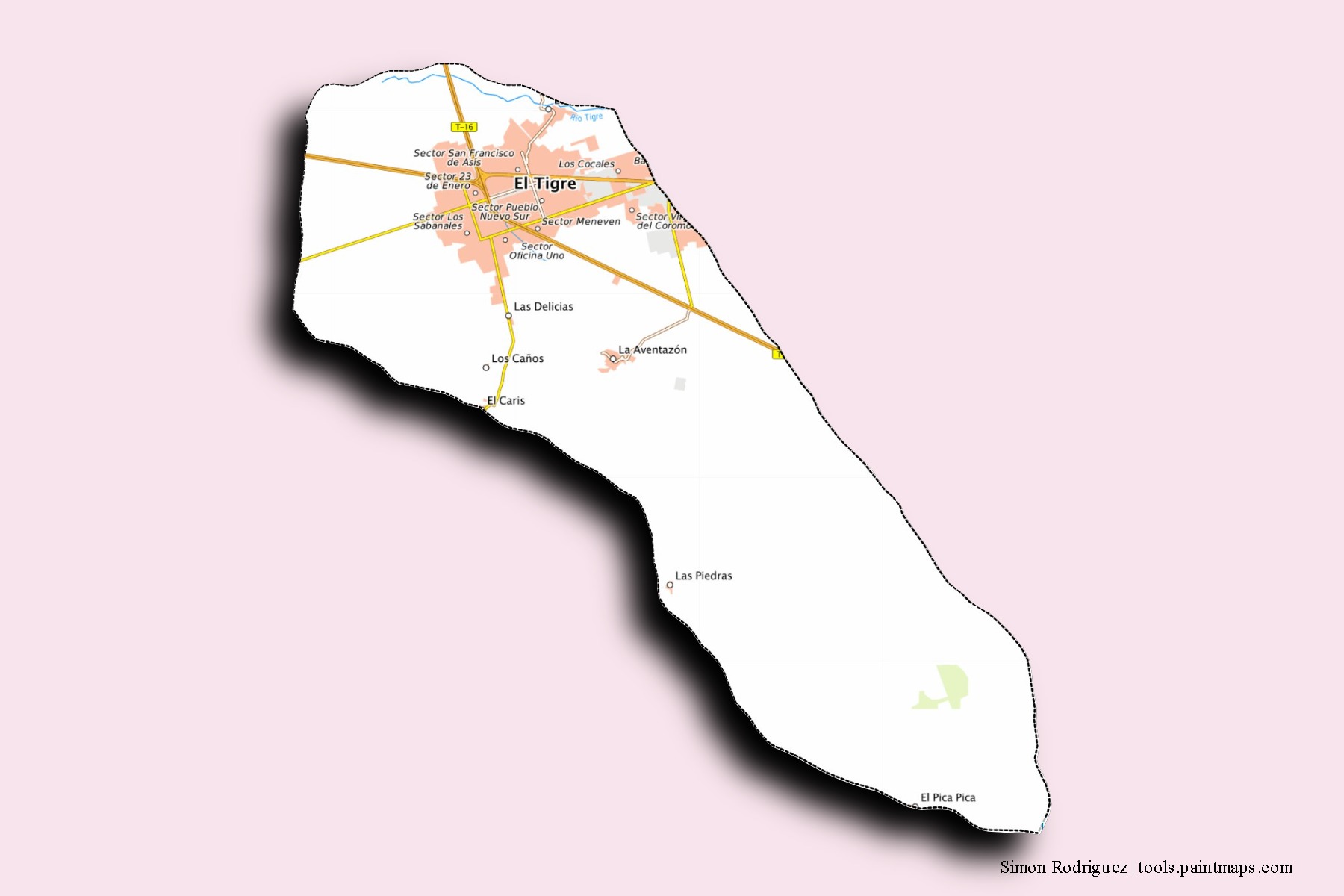 Mapa de barrios y pueblos de Simon Rodriguez con efecto de sombra 3D