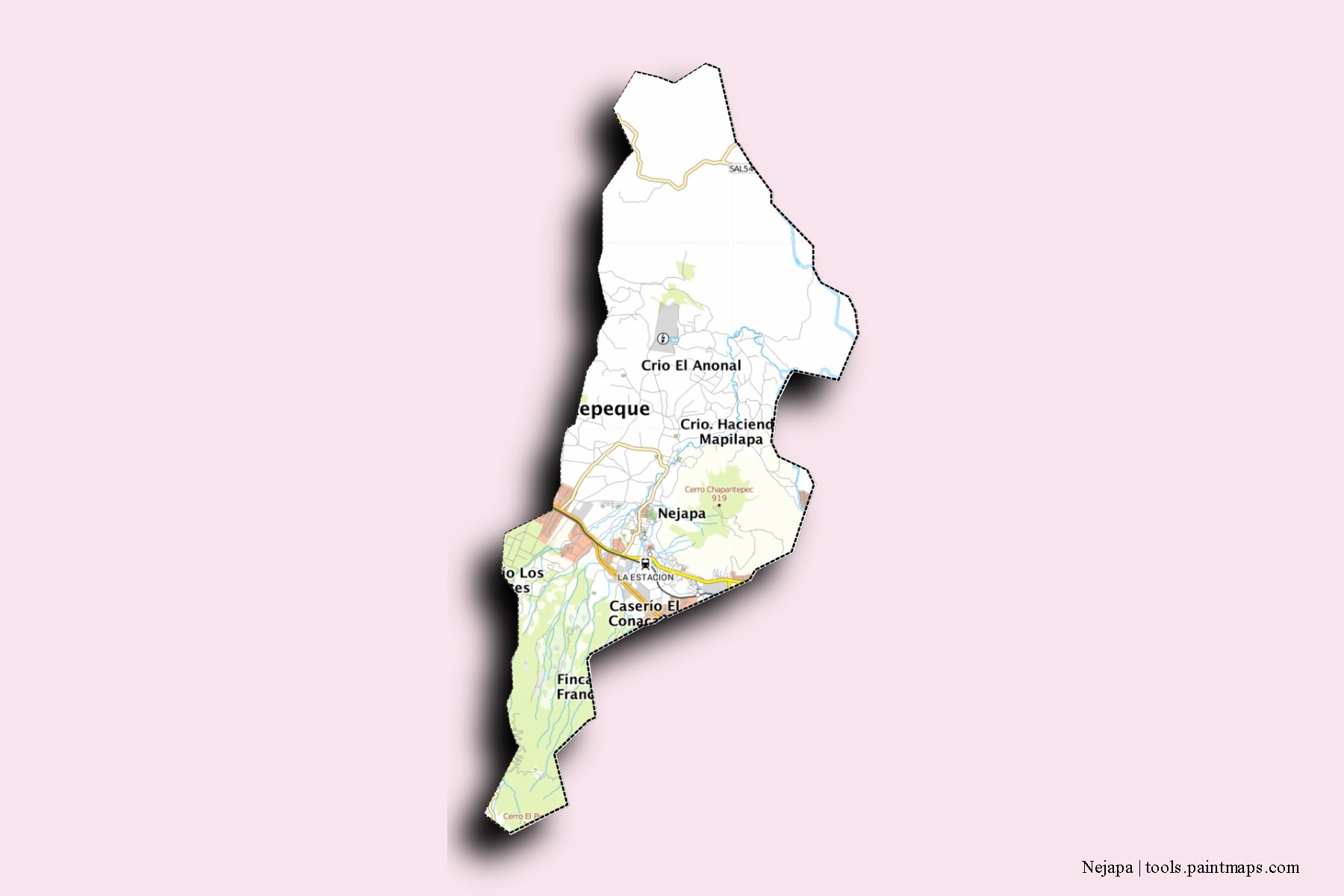 Mapa de barrios y pueblos de Nejapa con efecto de sombra 3D