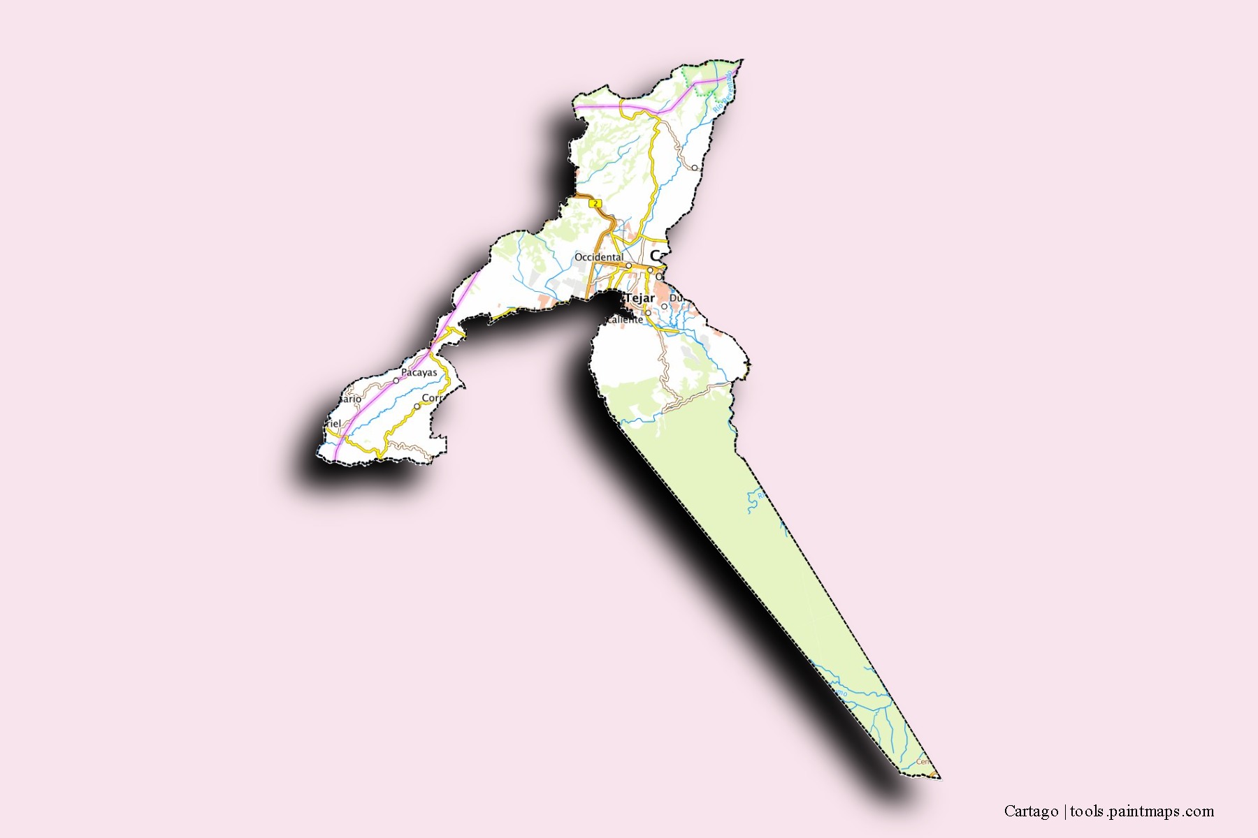 Mapa de barrios y pueblos de Cartago con efecto de sombra 3D