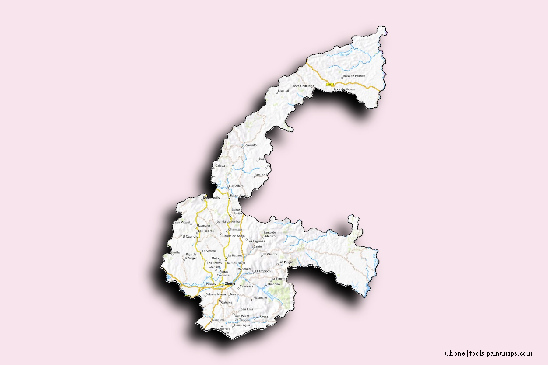 Mapa de barrios y pueblos de Chone con efecto de sombra 3D