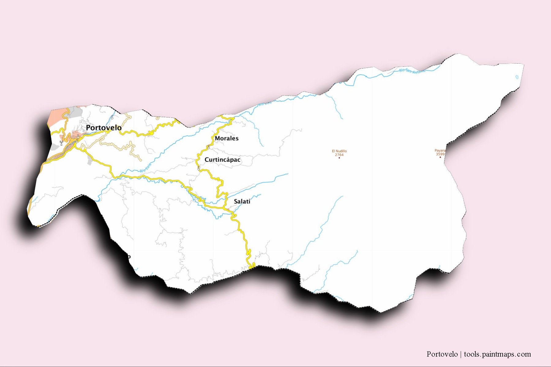 Mapa de barrios y pueblos de Portovelo con efecto de sombra 3D