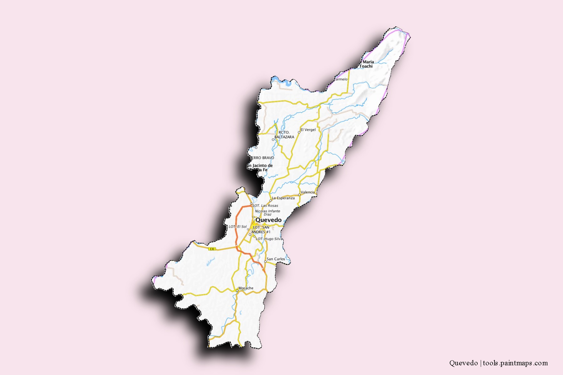 Mapa de barrios y pueblos de Quevedo con efecto de sombra 3D