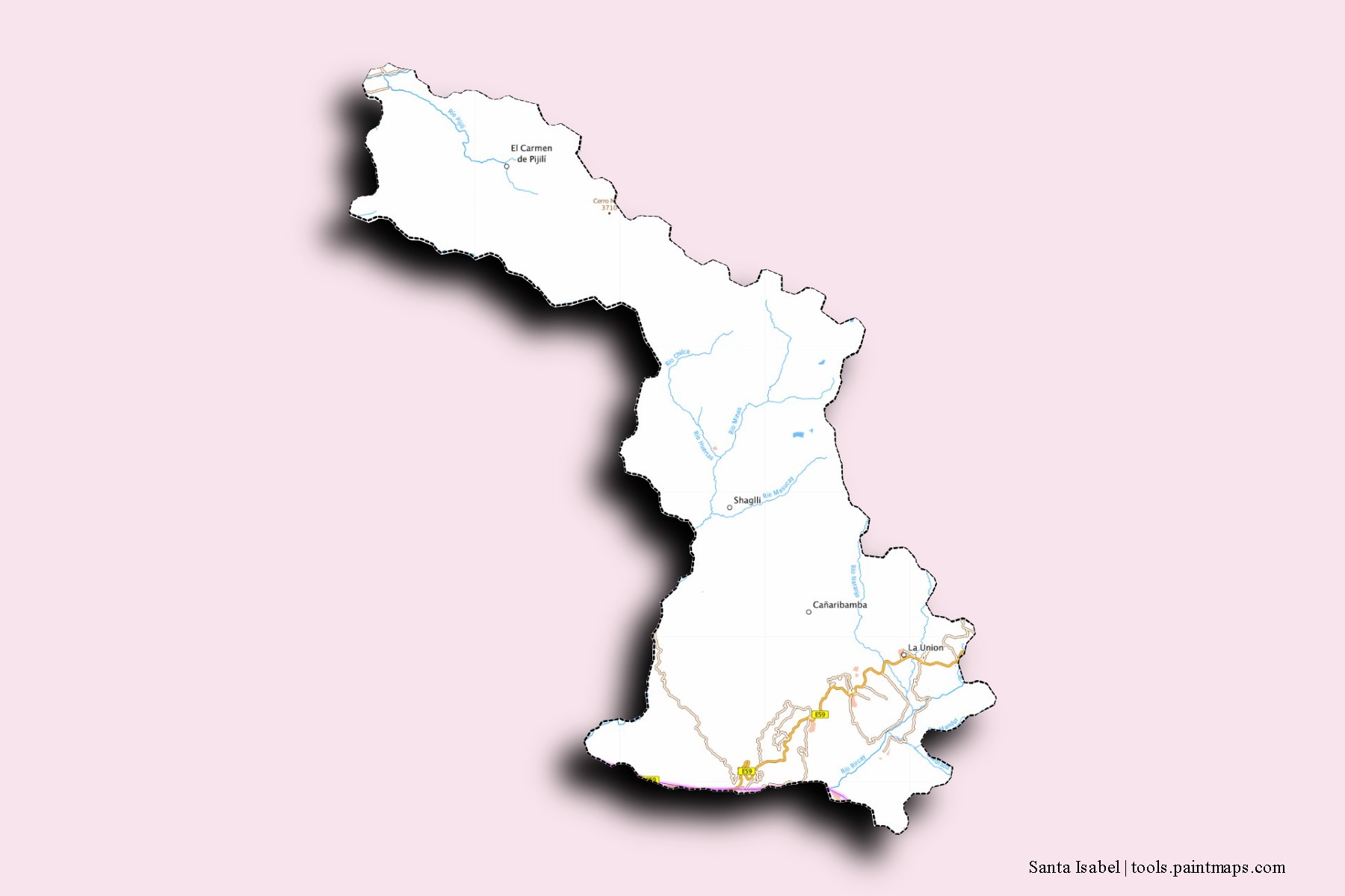 Mapa de barrios y pueblos de Santa Isabel con efecto de sombra 3D