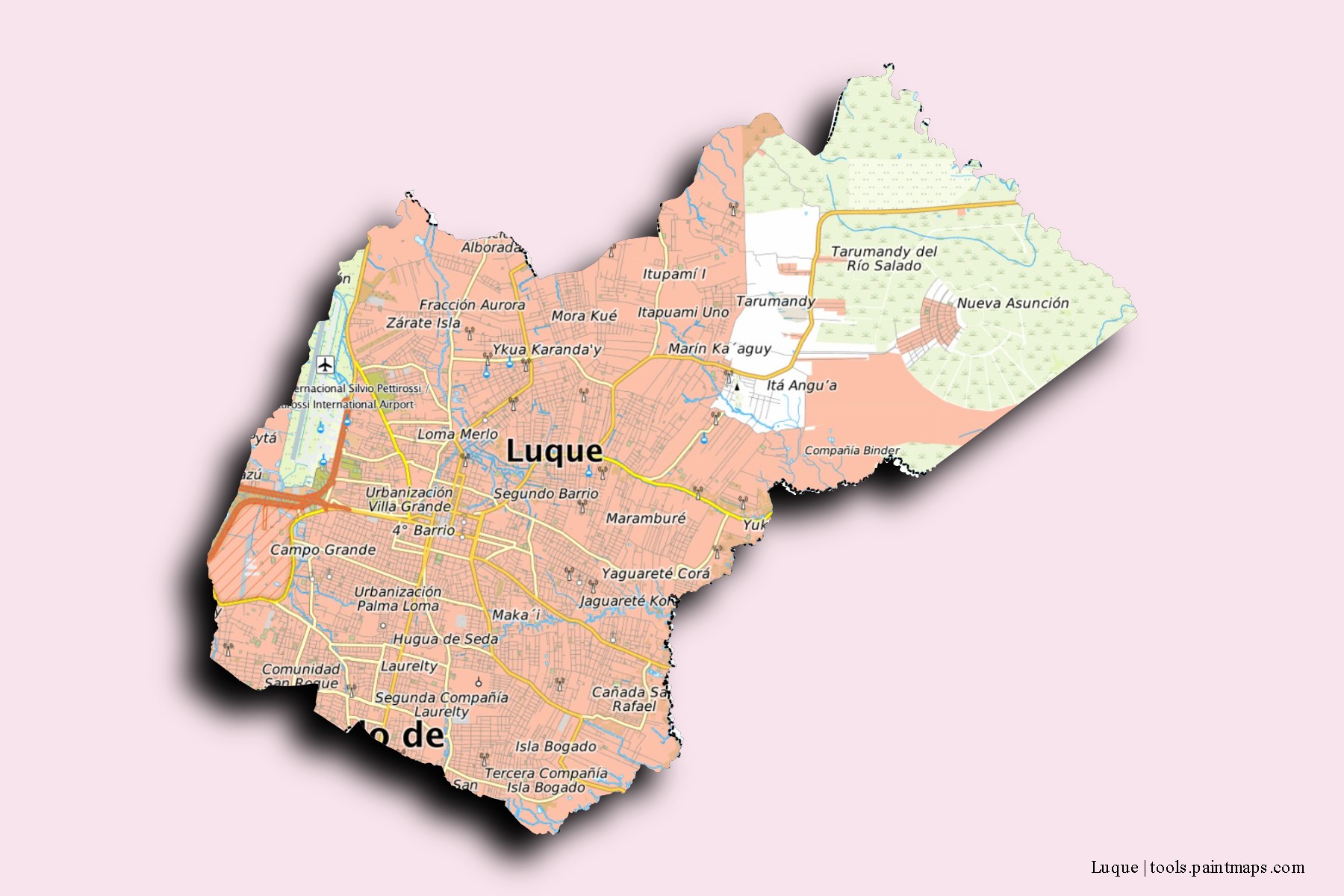 Mapa de barrios y pueblos de Luque con efecto de sombra 3D