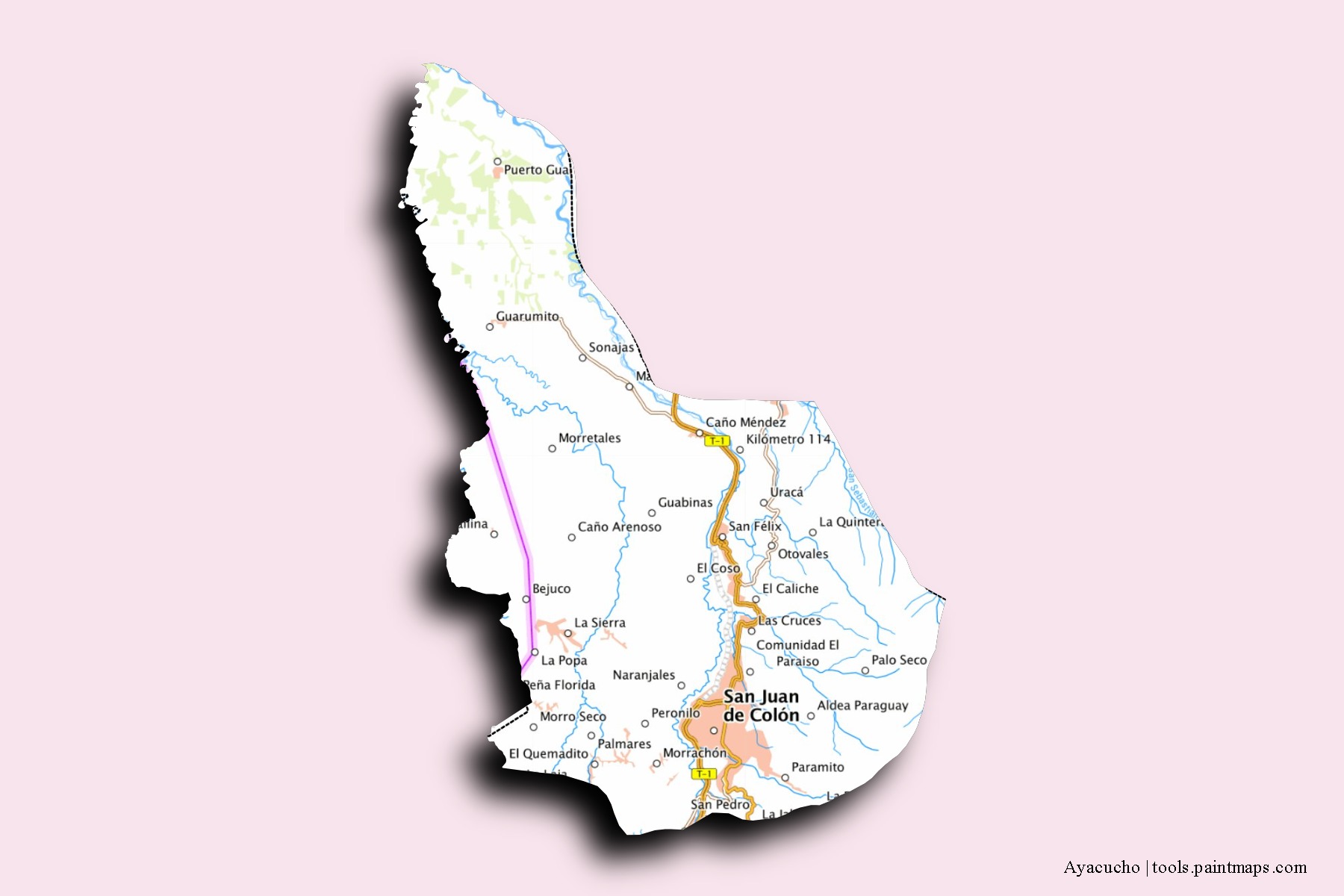 Mapa de barrios y pueblos de Ayacucho con efecto de sombra 3D