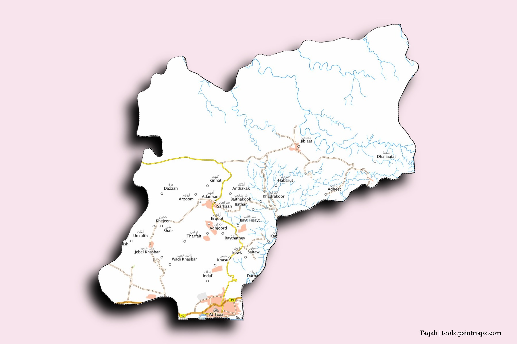 3D gölge efektli Taqah mahalleleri ve köyleri haritası