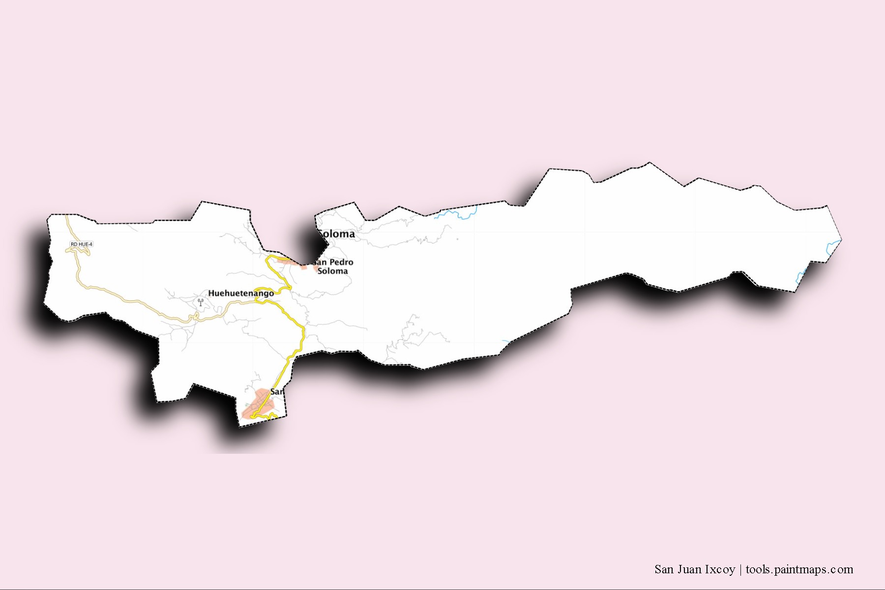 3D gölge efektli San Juan Ixcoy mahalleleri ve köyleri haritası